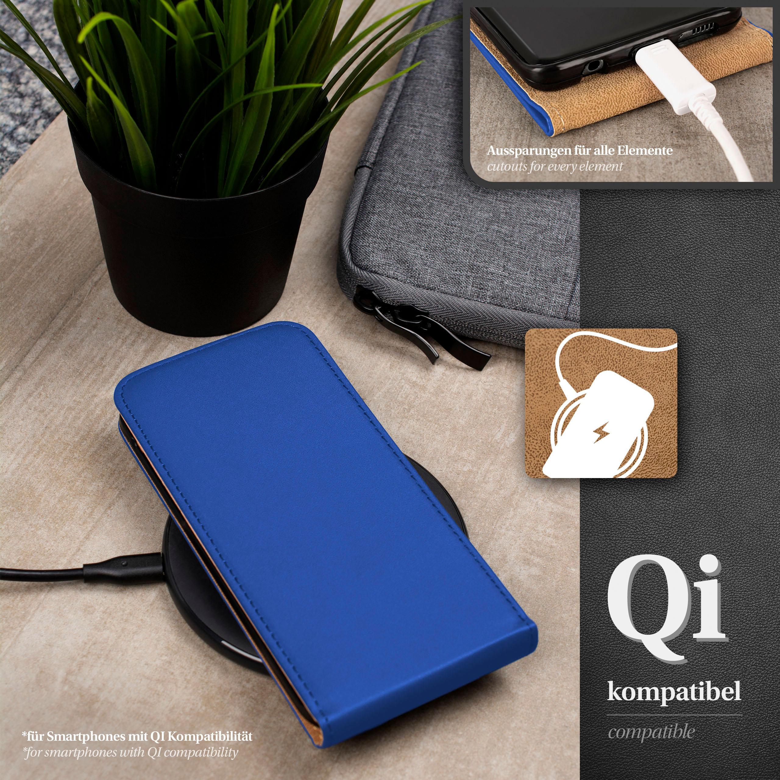 Blaues Handycase auf kabellosem Ladegerät. Ein Handy mit Ladekabel befindet sich oben rechts.