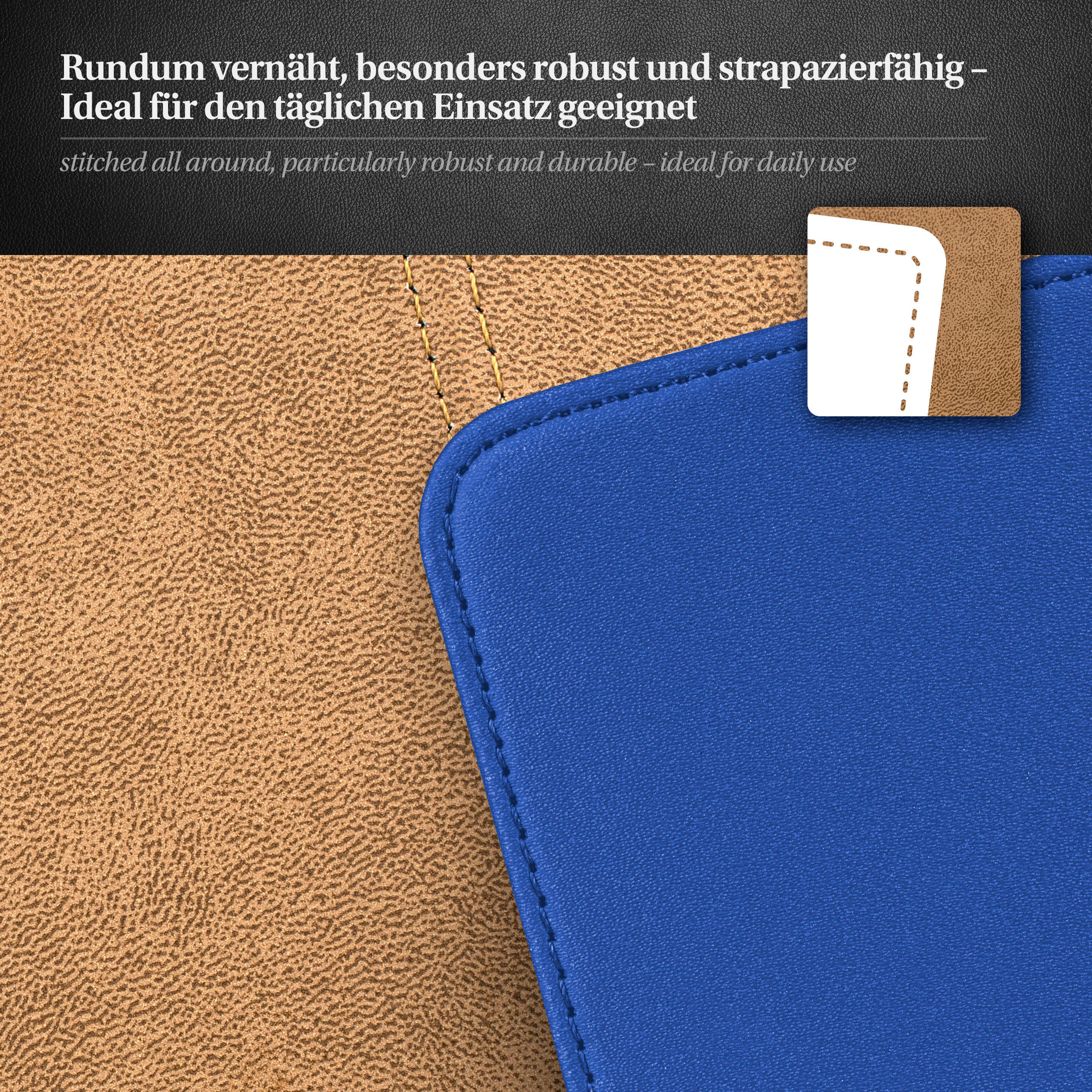Nahaufnahme einer genähten Handyhülle. Blaues und braunes Leder. Text: Rundum genäht, robust und strapazierfähig.