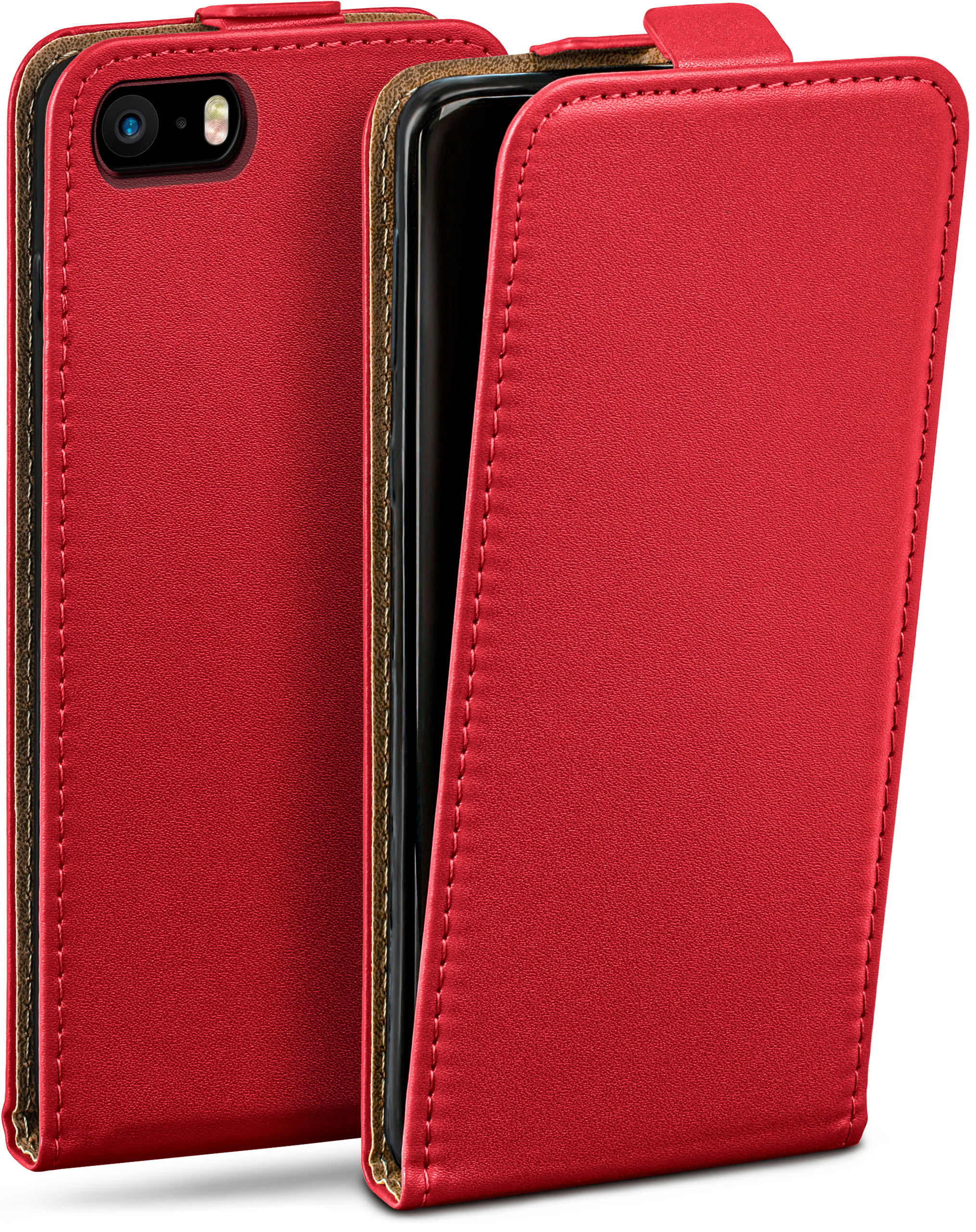 Eine rote Leder-Handyhülle, geöffnet, um das Telefon und den Innenraum zu zeigen.