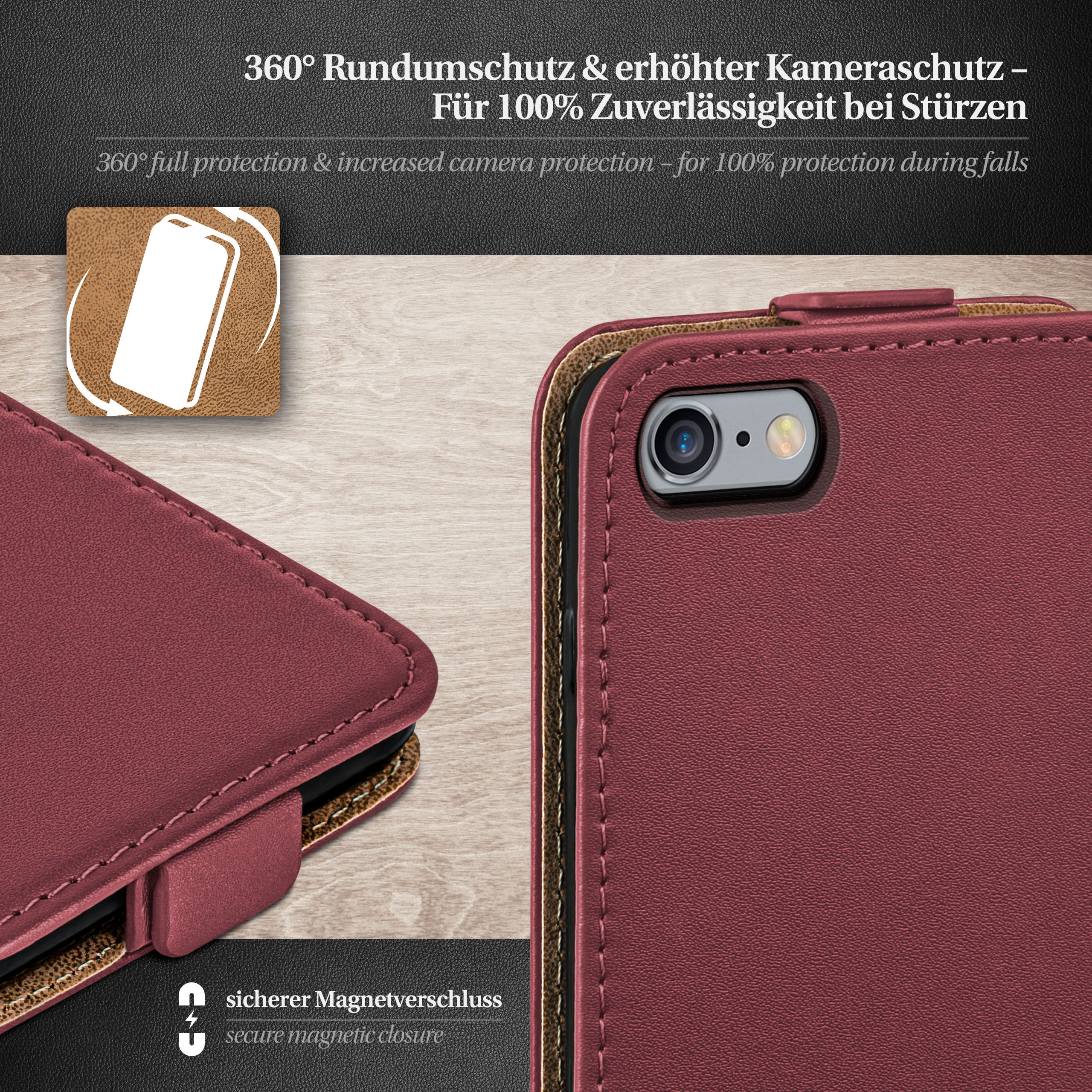 Burgunderfarbene Handyhülle mit Telefon. Text: '360° Rundumschutz & erhöhter Kameraschutz'.