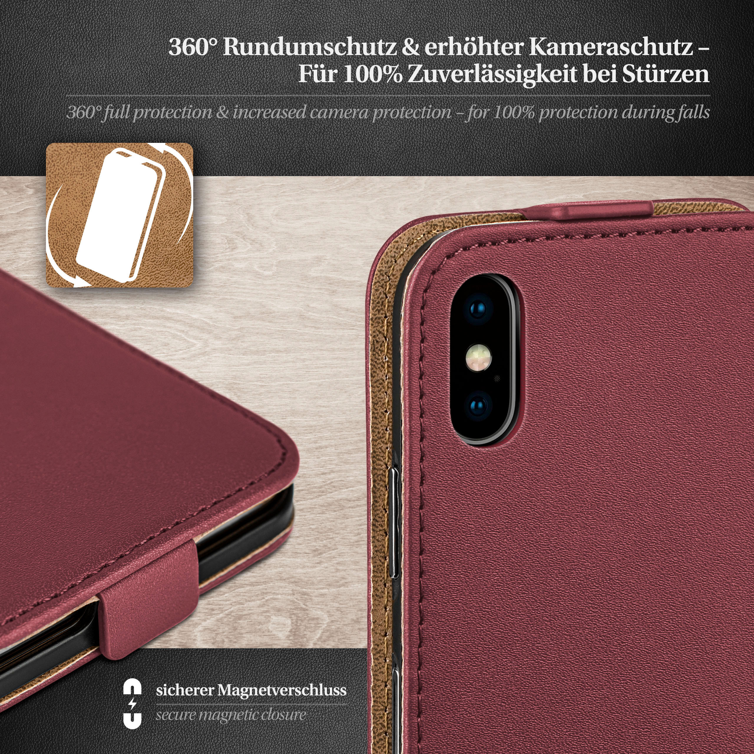 Cover, Apple, XS, X iPhone / Flip Case, Maroon-Red MOEX iPhone Flip
