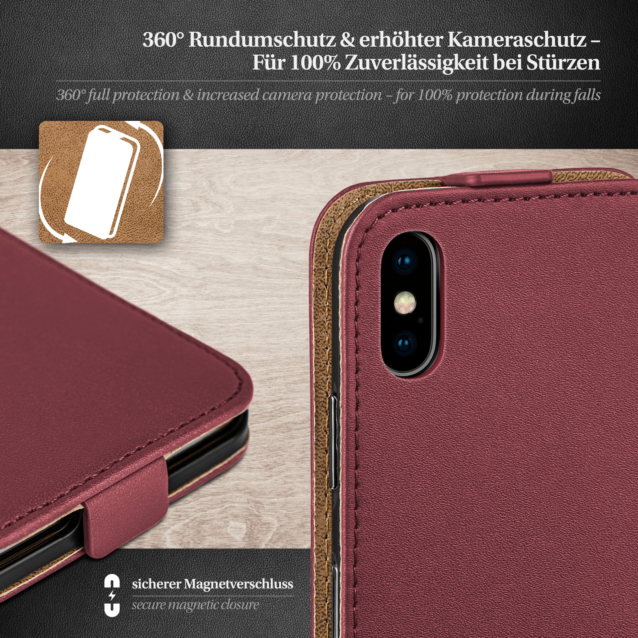 Bordeauxfarbene Handyhülle mit Magnetverschluss, Nahaufnahme mit Details und Text.