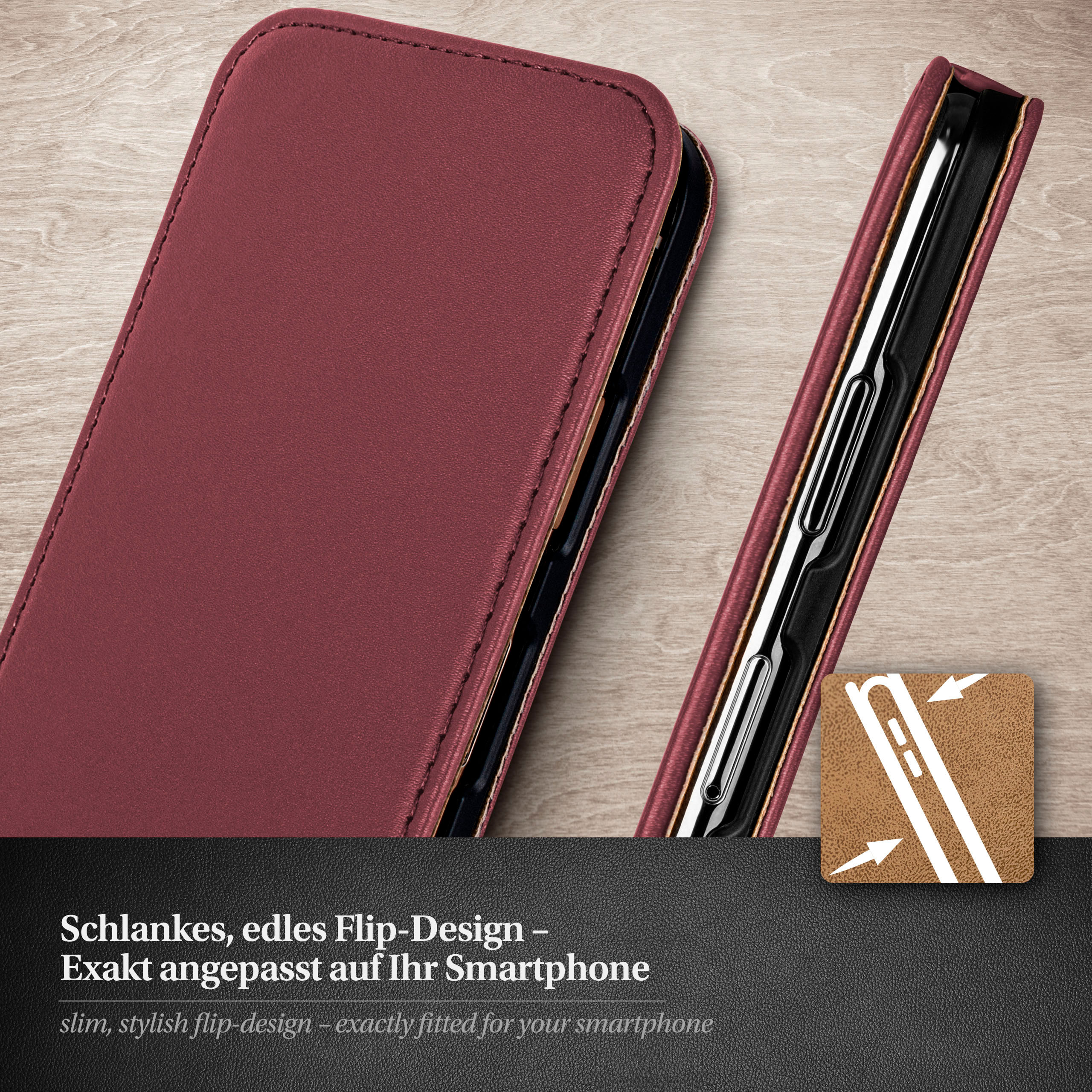 Burgunderrote Handyhülle. Zeigt ein Telefon darin, Hülle offen. Stilvolles Design.