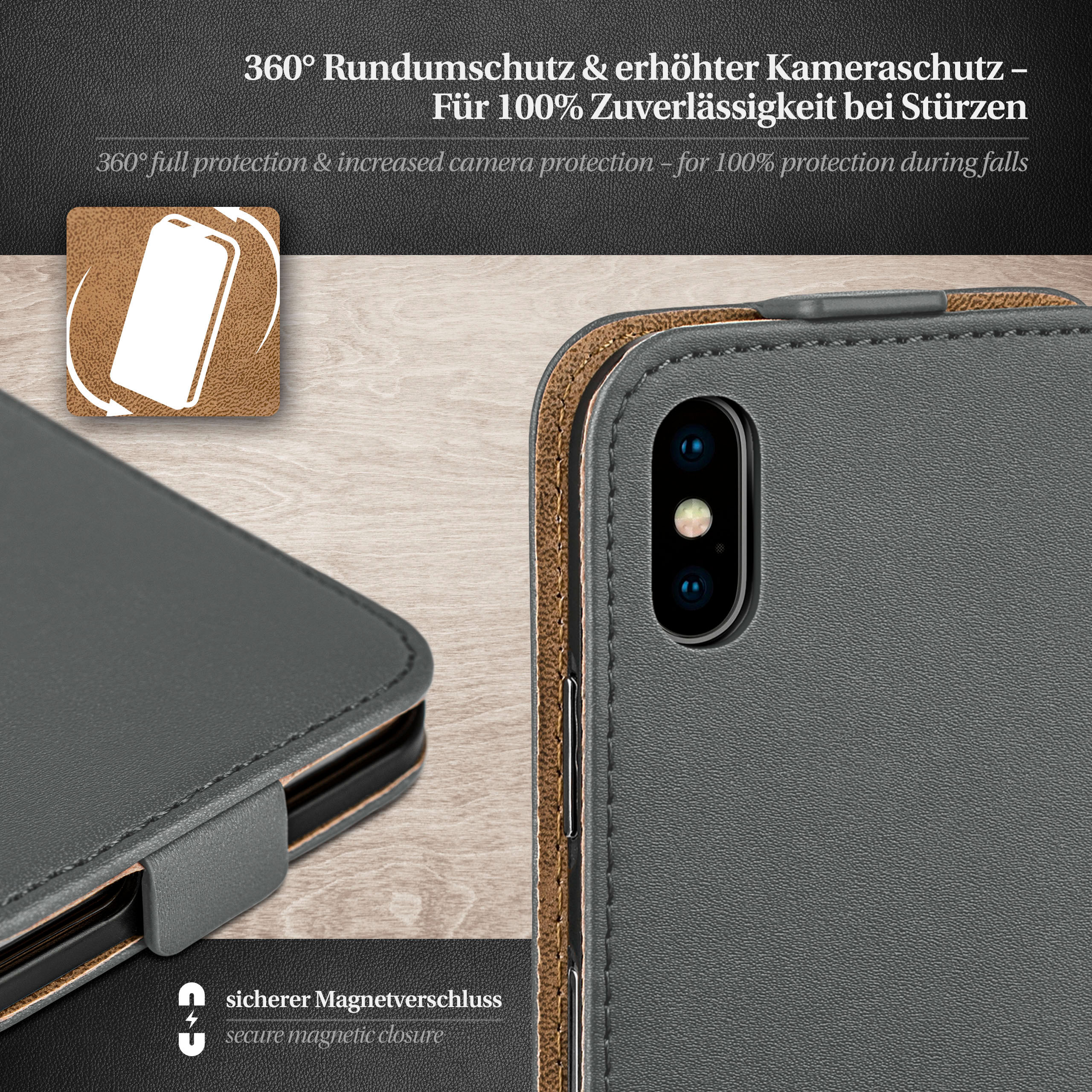 Dunkelgraue Handyhülle, offen, zeigt ein Telefon. Braun-weißer Hintergrund.