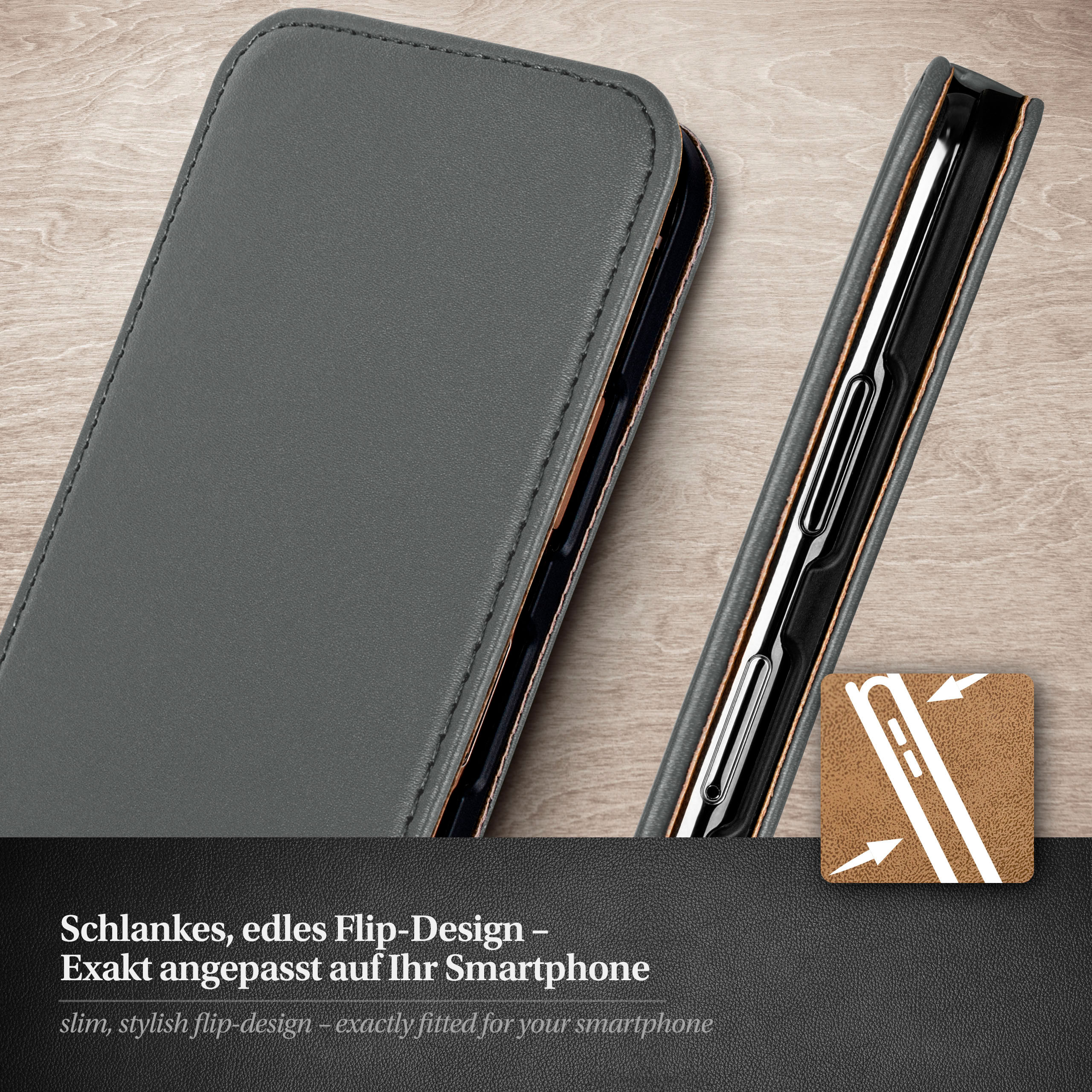 Graue Handyhülle mit Telefon. Text über Flip-Design.