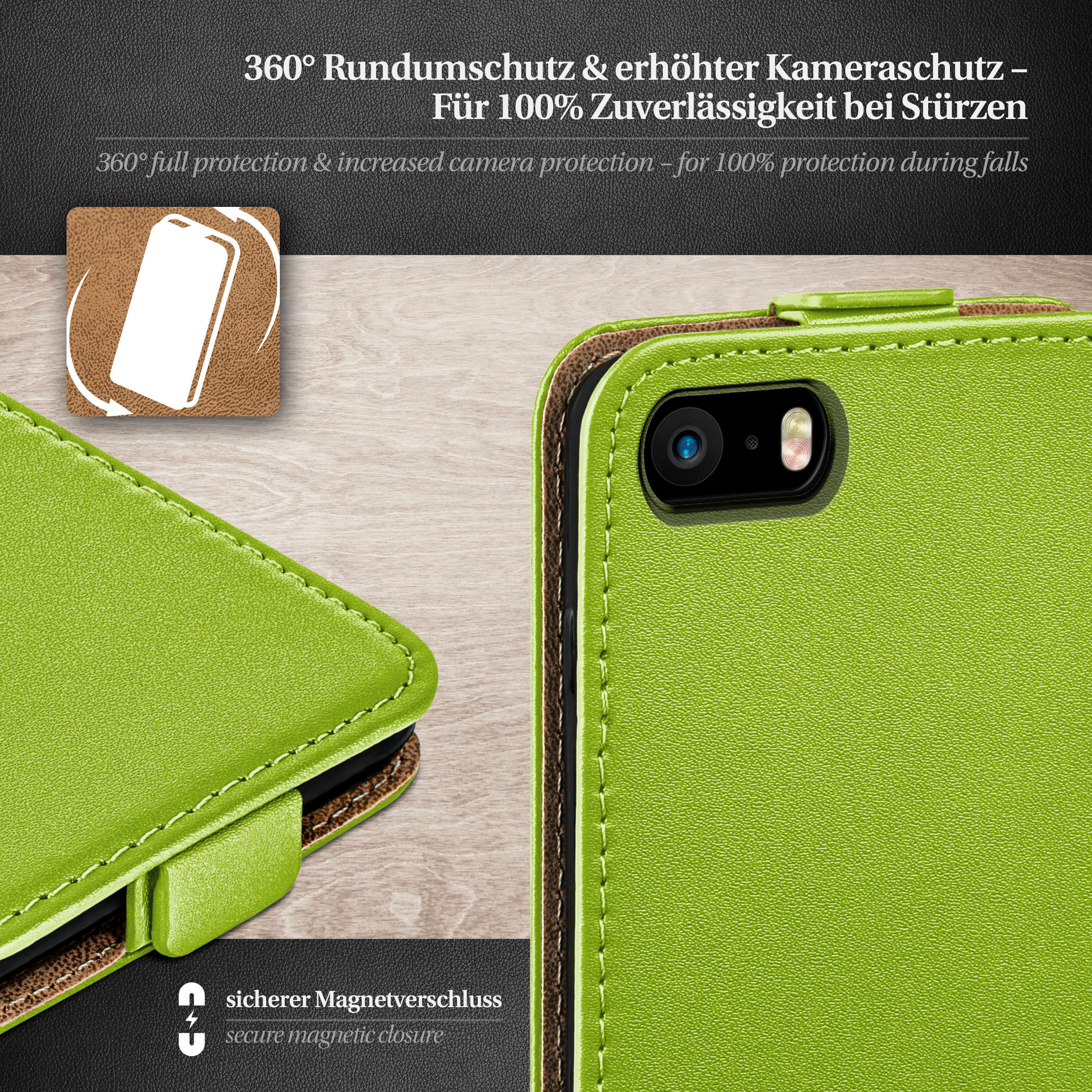 Grüne Handyhülle mit Telefon. Text über Schutz und Stürze.