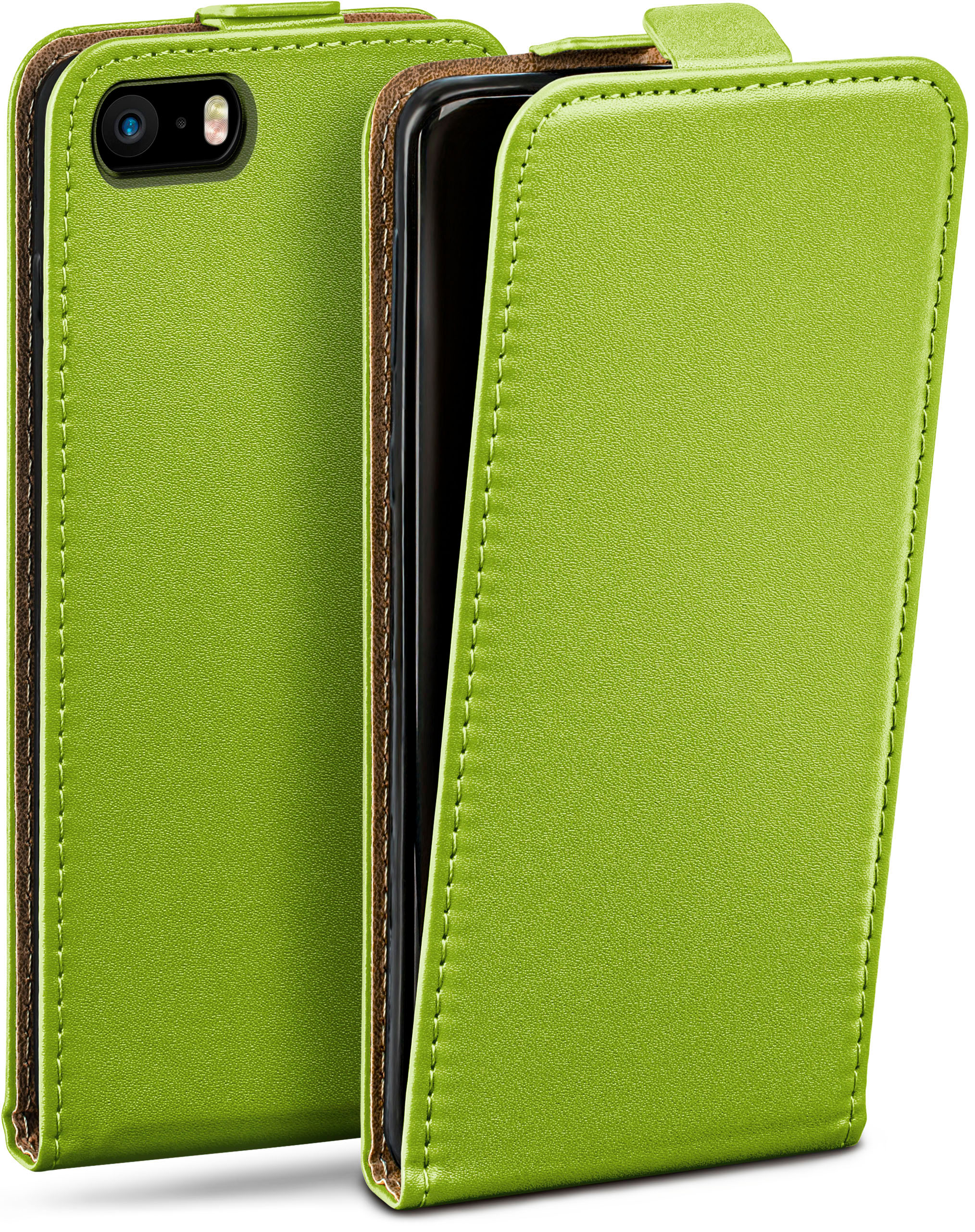 Grüne Handyhülle geöffnet, zeigt das Telefon. Die Hülle ist grün, die Innenseite braun.