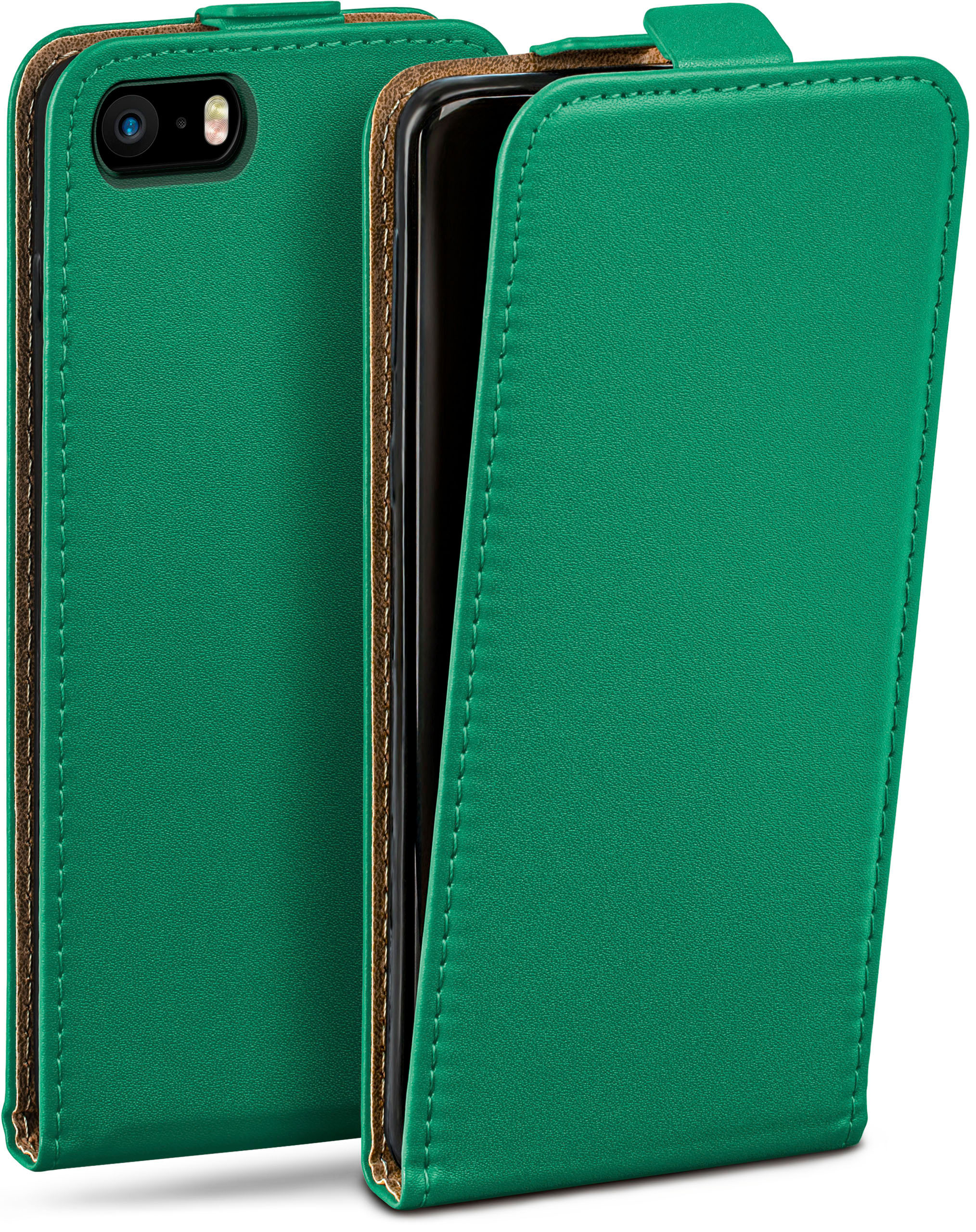 Grüne Handyhülle mit einem Handy darin. Die Hülle ist geöffnet, um das Handy zu zeigen.