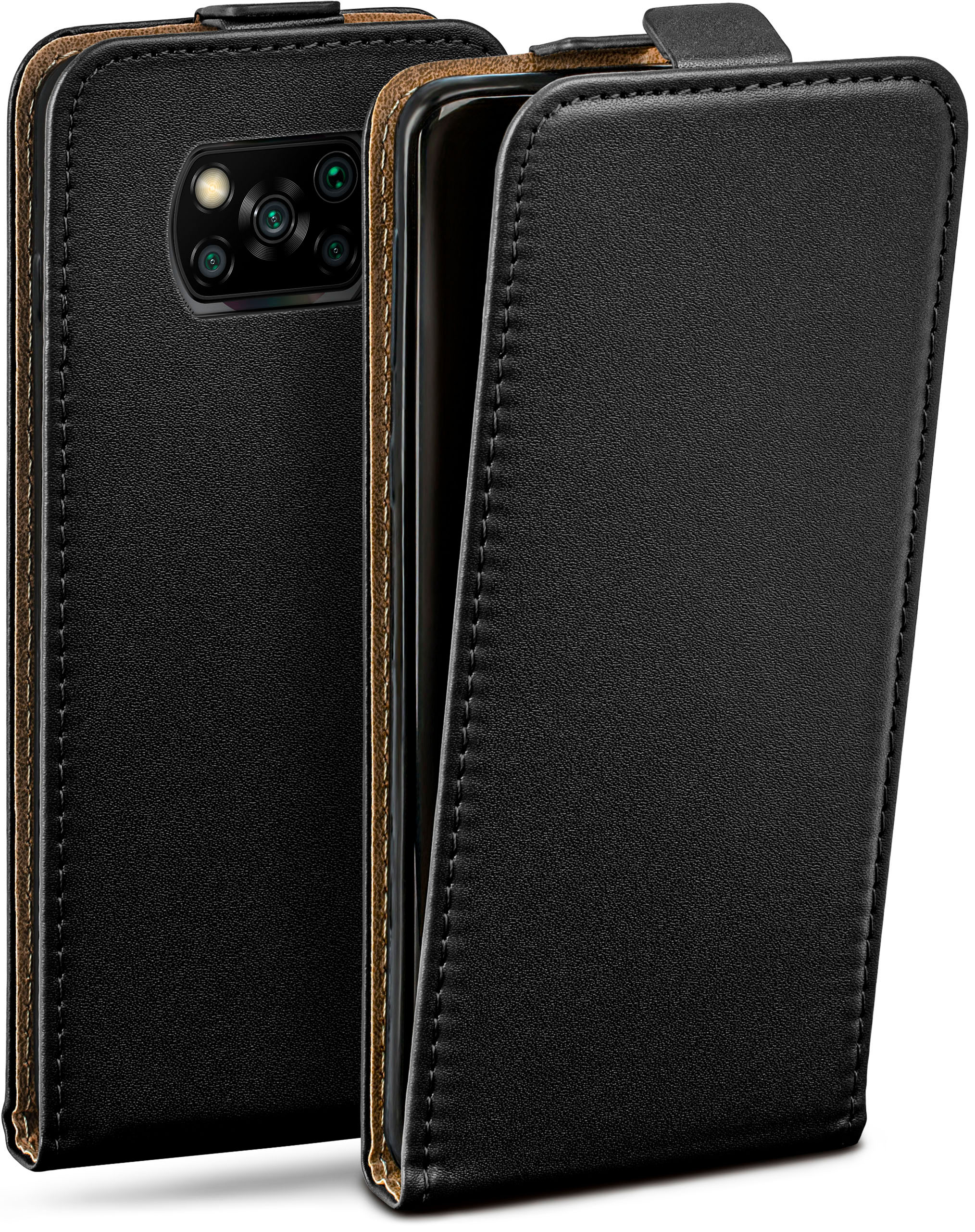 Schwarze Handyhülle mit geöffneter Klappe, die ein Telefon zeigt. Braune Ränder und Nähte sind sichtbar.