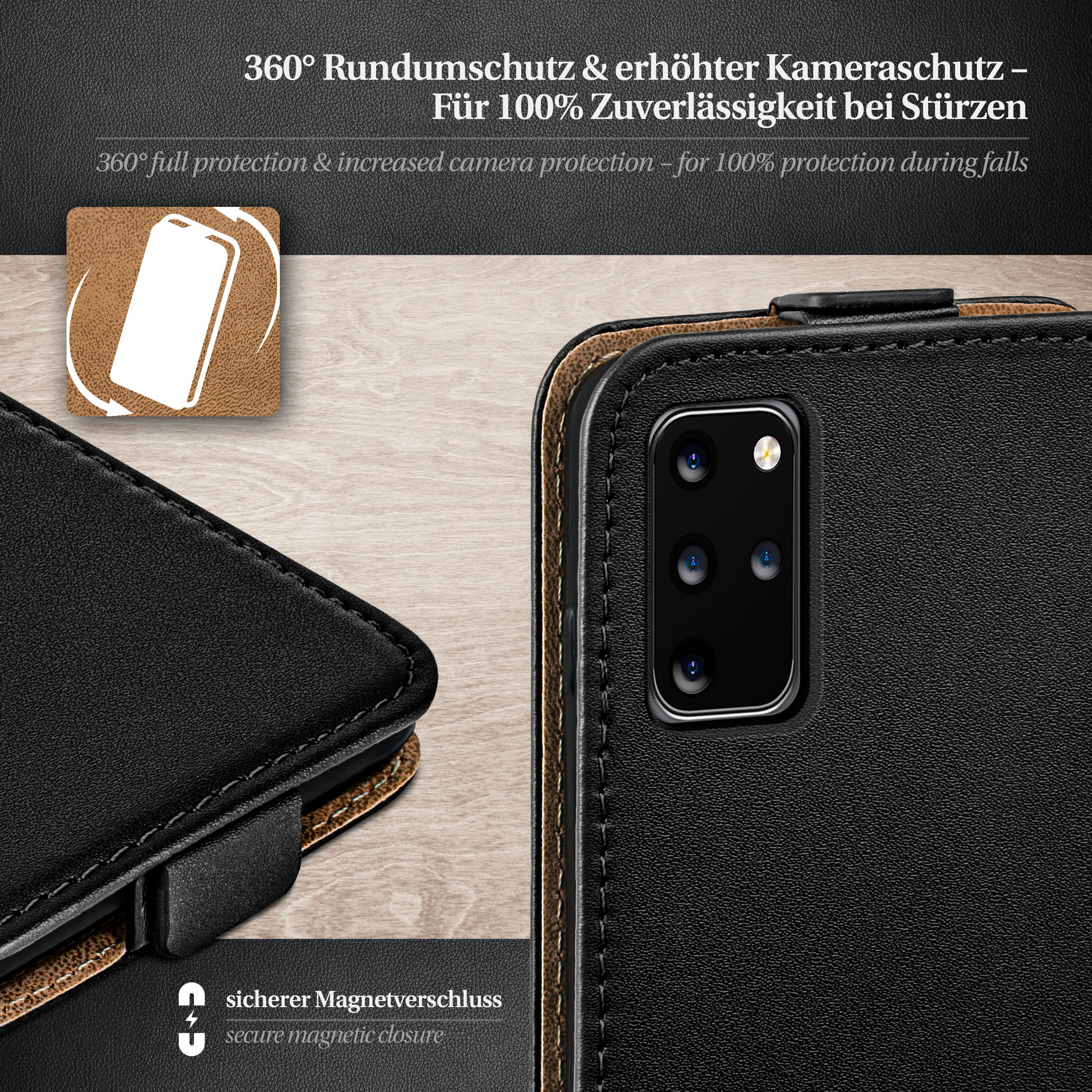 Schwarze Handyhülle offen, zeigt das Telefon, mit Magnetverschluss und Kameraschutz.