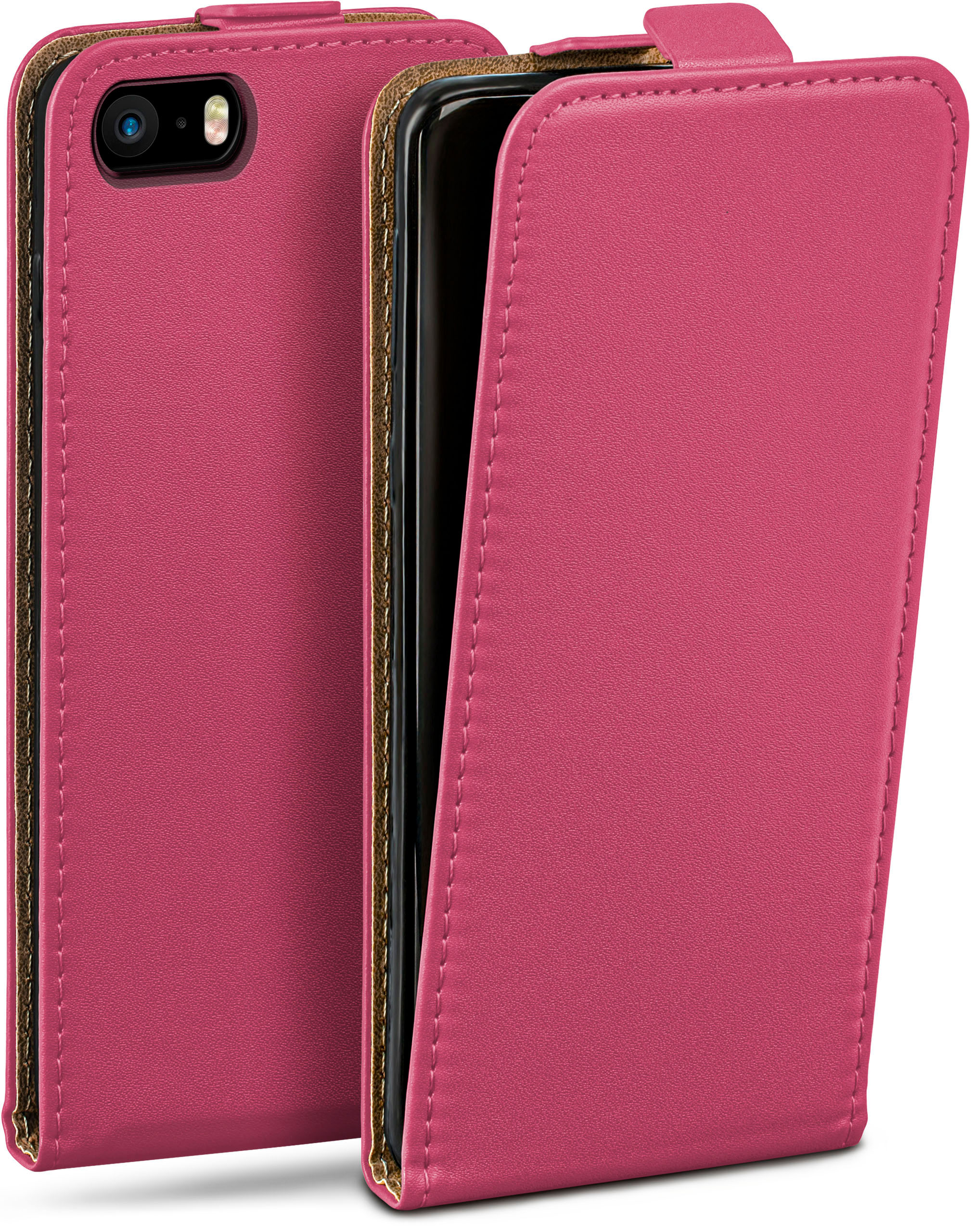 Rosa Leder-Handyhülle mit offenem Cover. Schwarze Kamera, Nahtdetails. Braune Innenseite.