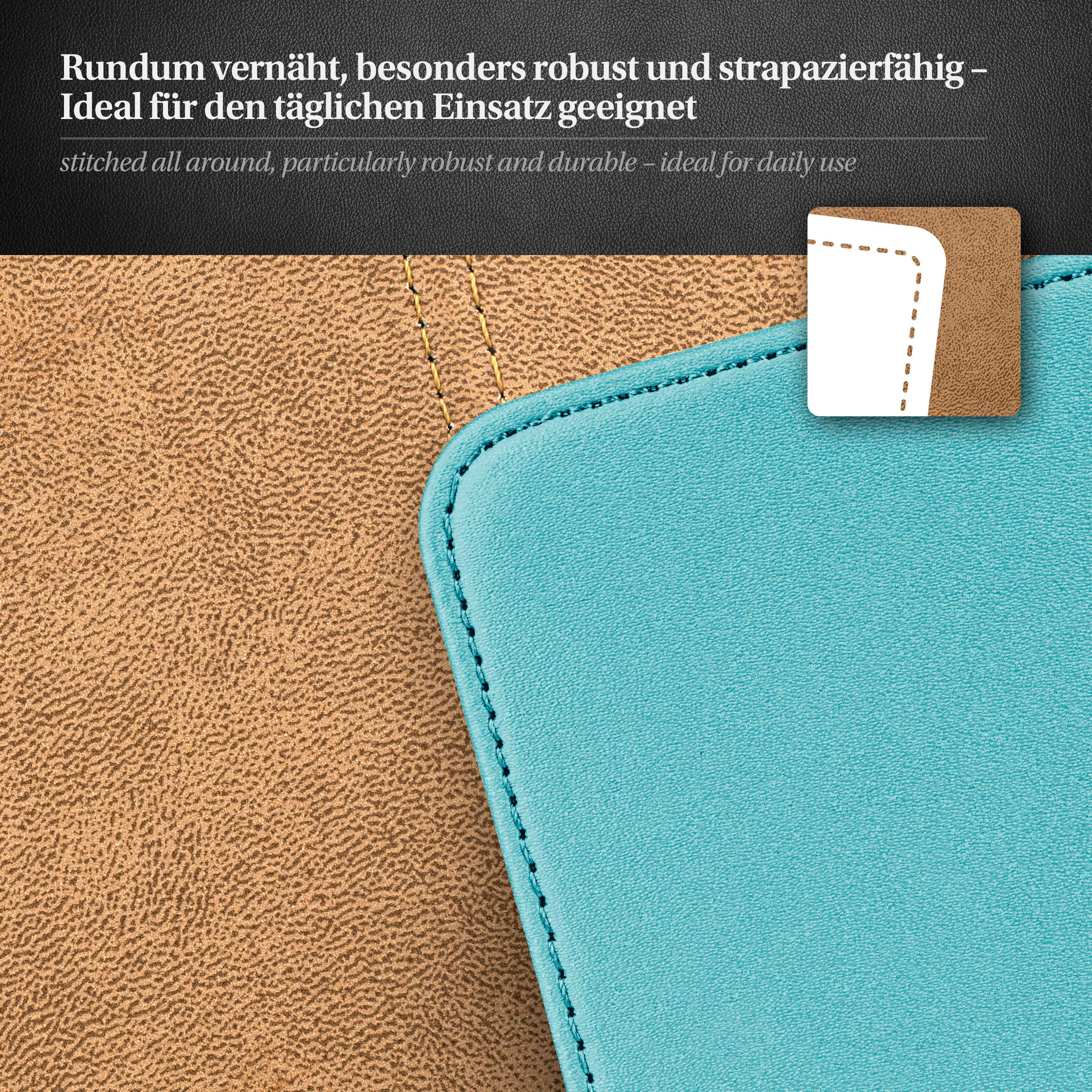Nahaufnahme einer Handyhülle mit blauer Oberfläche und brauner Lederstruktur im Hintergrund.