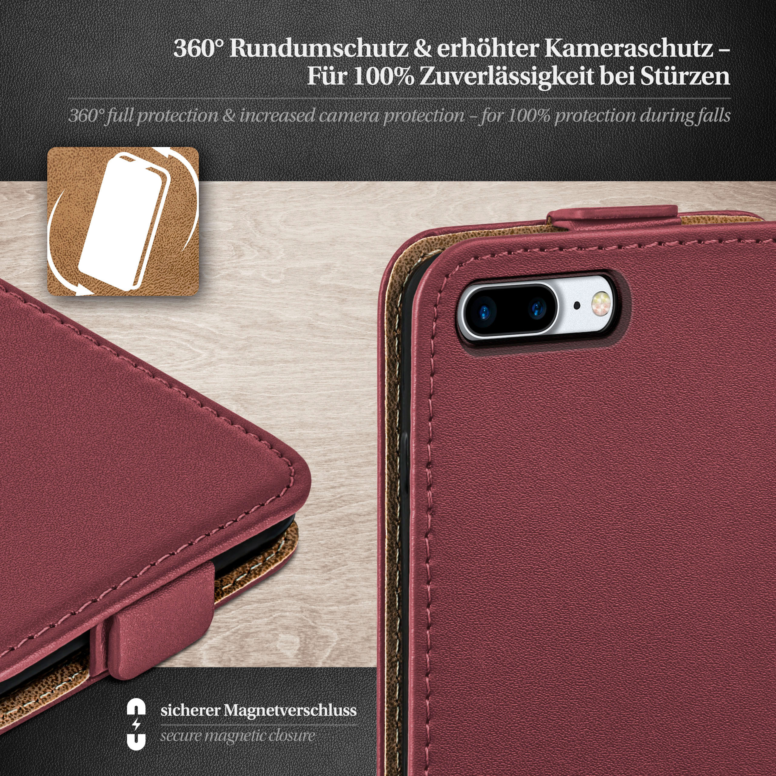 Geöffnete rote Handyhülle, die das Innere der Hülle und ein Telefon zeigt. Text: '360° Rundumschutz & Magnetverschluss'.