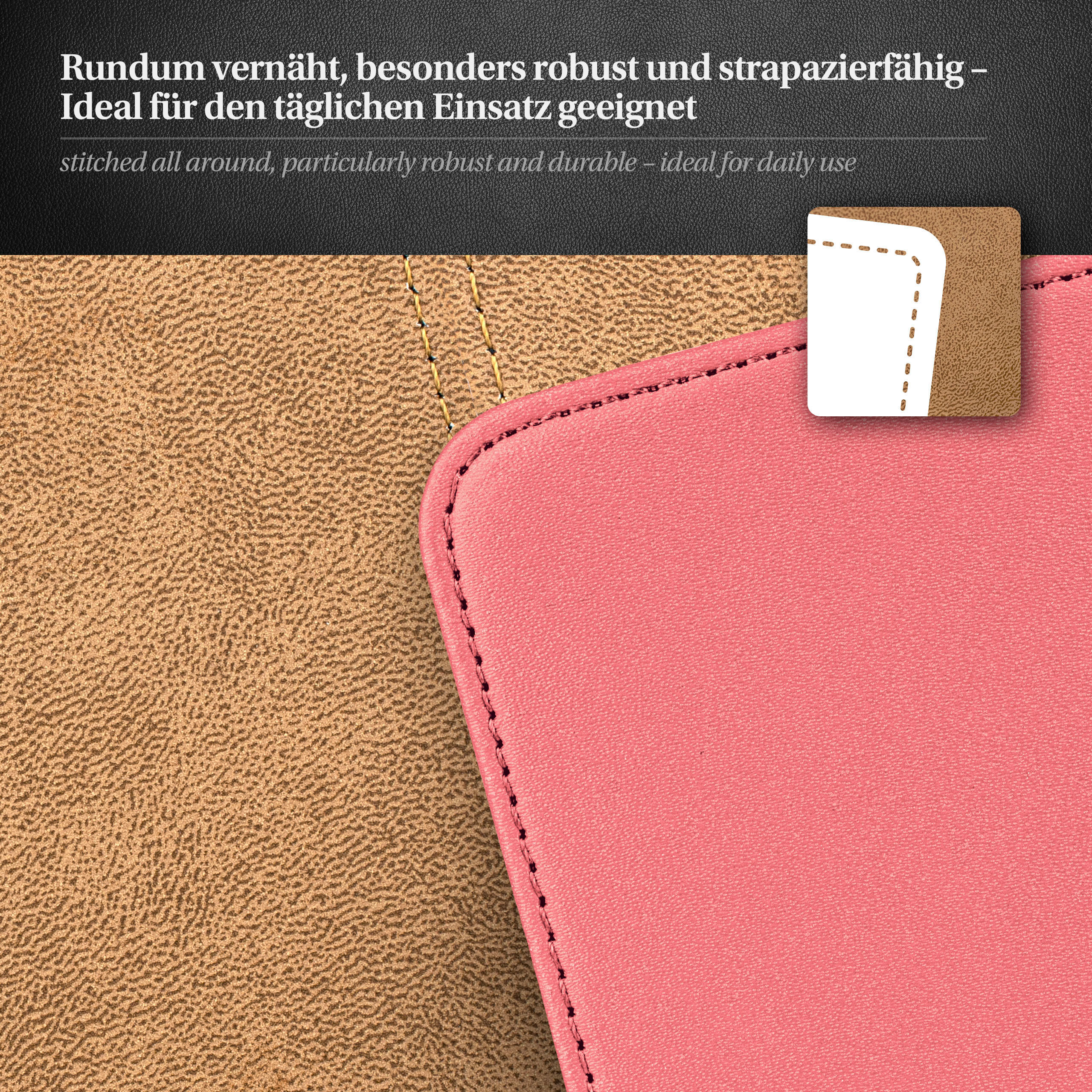 Rosa und braune Handyhülle. Text: Rundum vernäht.