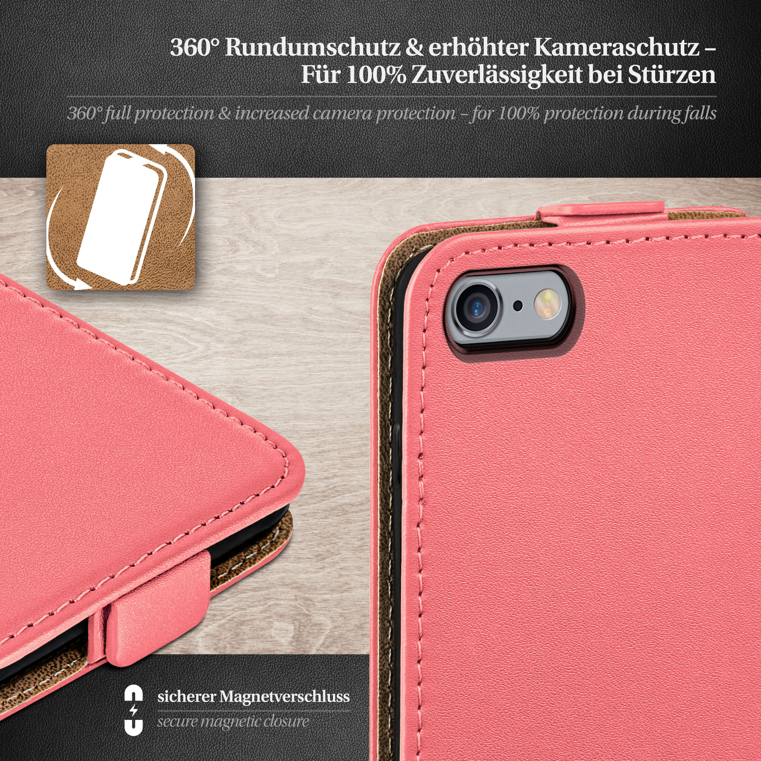 Rosa Handyhülle, offen, zeigt ein Telefon. Braun-weißer Hintergrund.