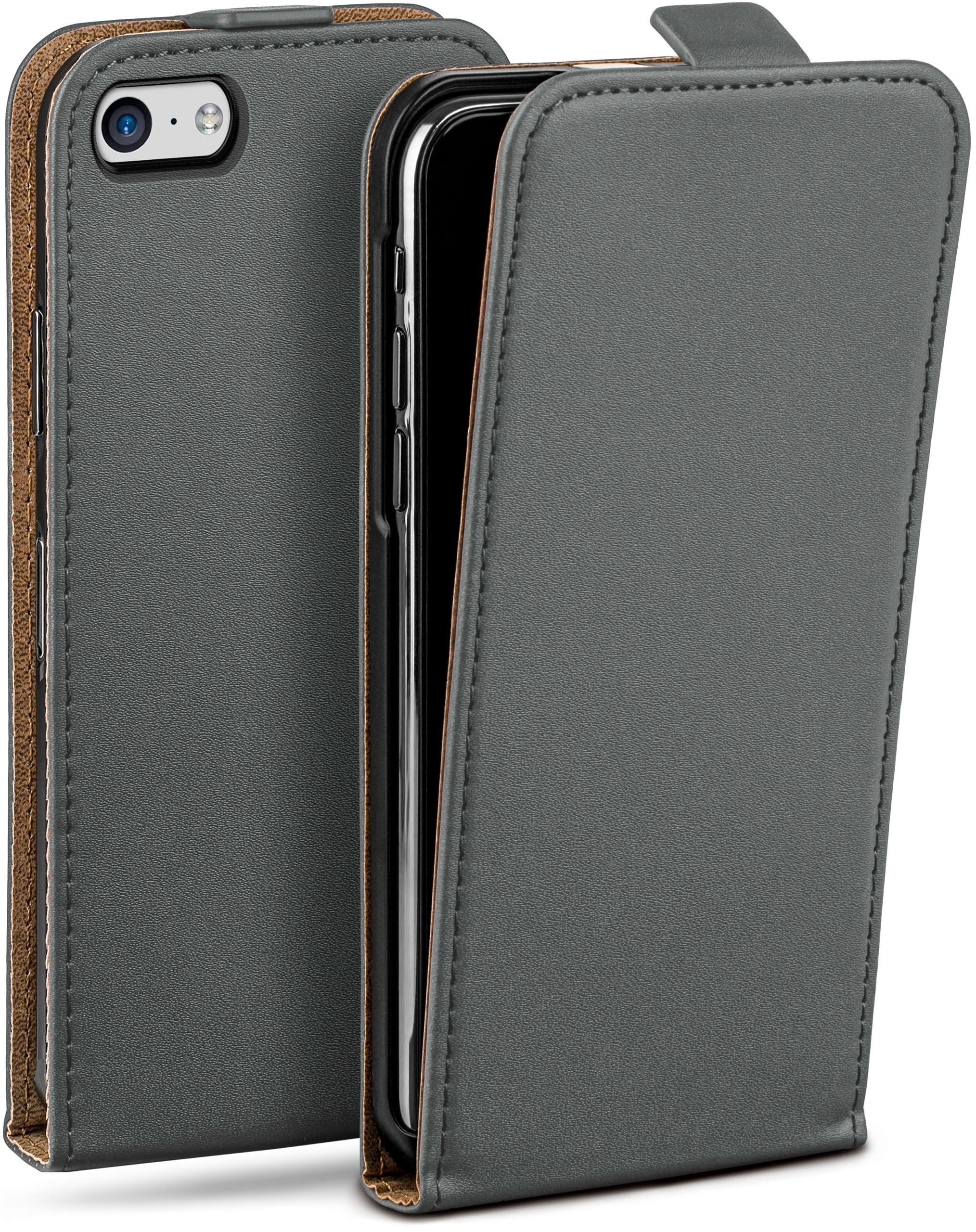 Eine graue Leder-Handyhülle mit Klappe, die geöffnet ist, um das Telefon zu zeigen. Braune und schwarze Details sind sichtbar.