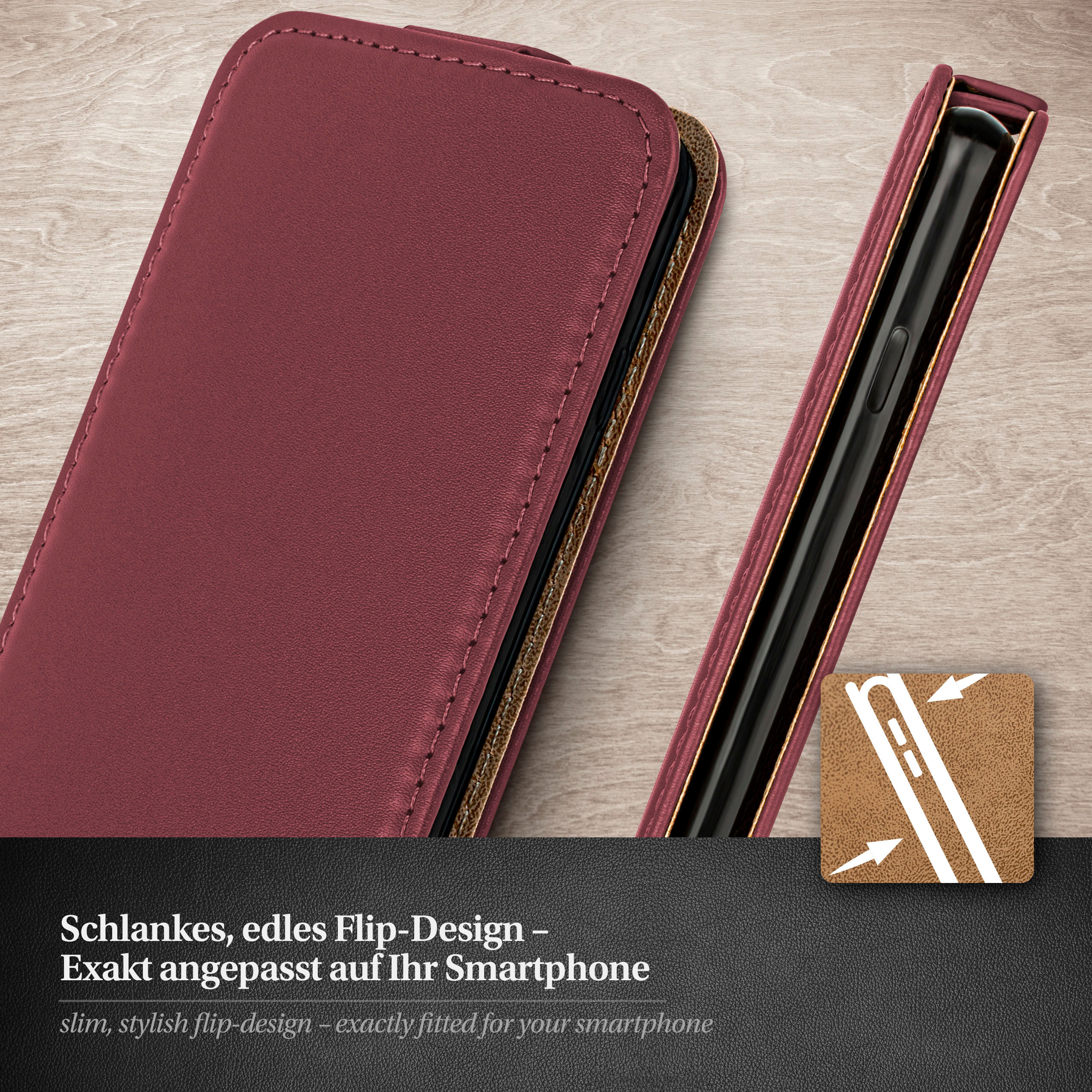 Burgunderfarbene Handyhülle, Telefon innen. Text: schlankes, stylisches Flip-Design.