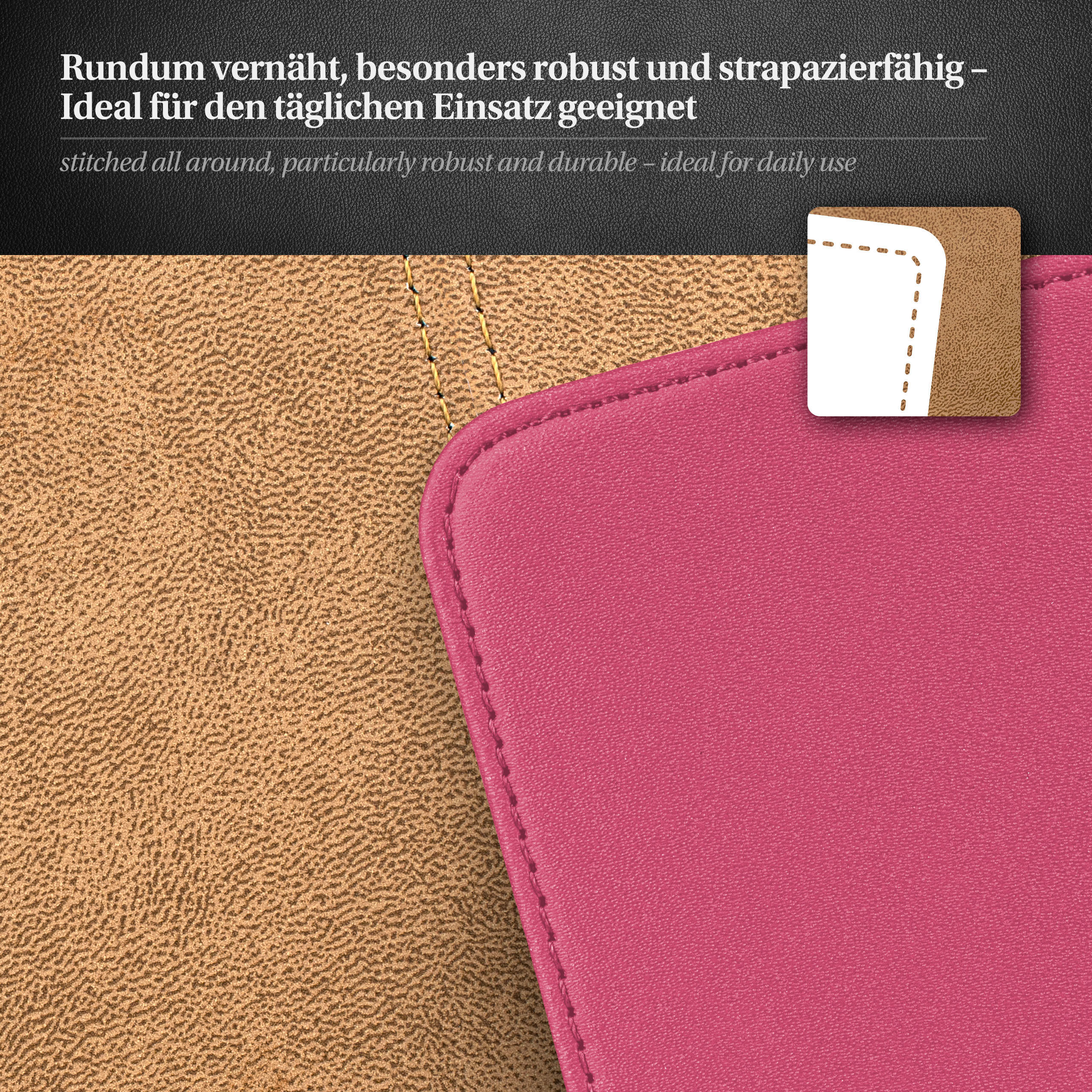 Nahaufnahme eines pinkfarbenen Stoffes und braunen Ledermaterials mit sichtbaren Nähten.