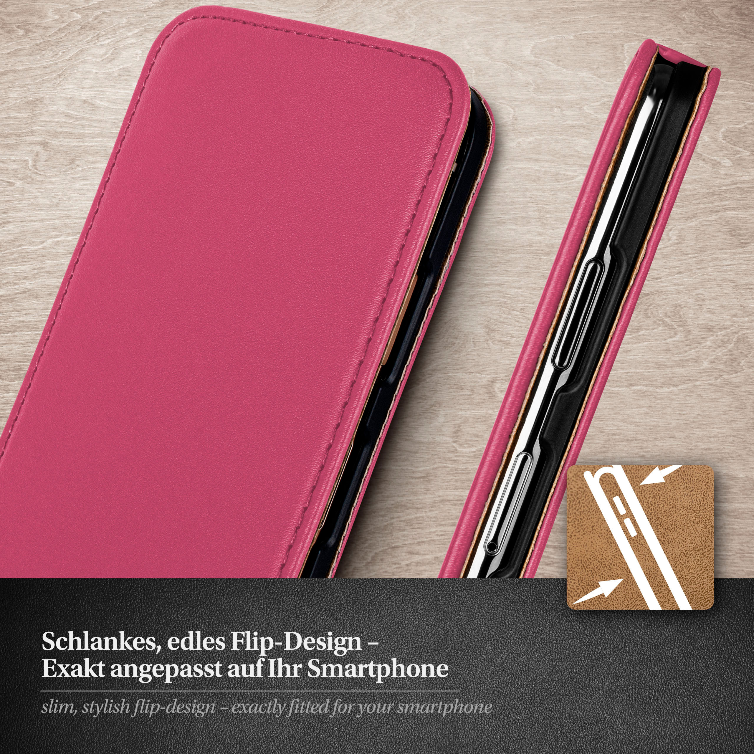 Pinke Handyhülle geöffnet, mit Telefon. Text: schlankes Design.