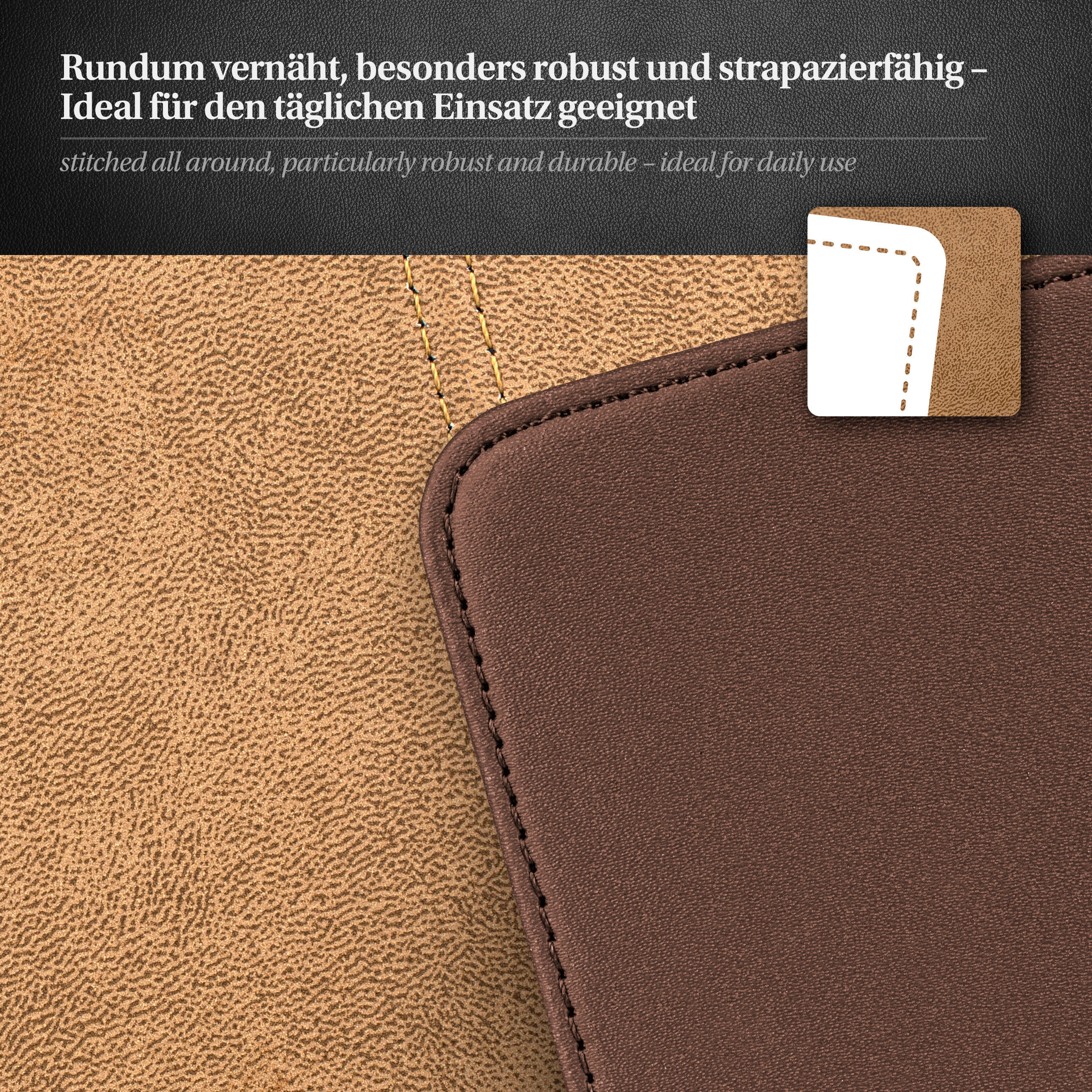 Nahaufnahme einer braunen und beigen Handyhülle, zeigt Nähte und Kanten.