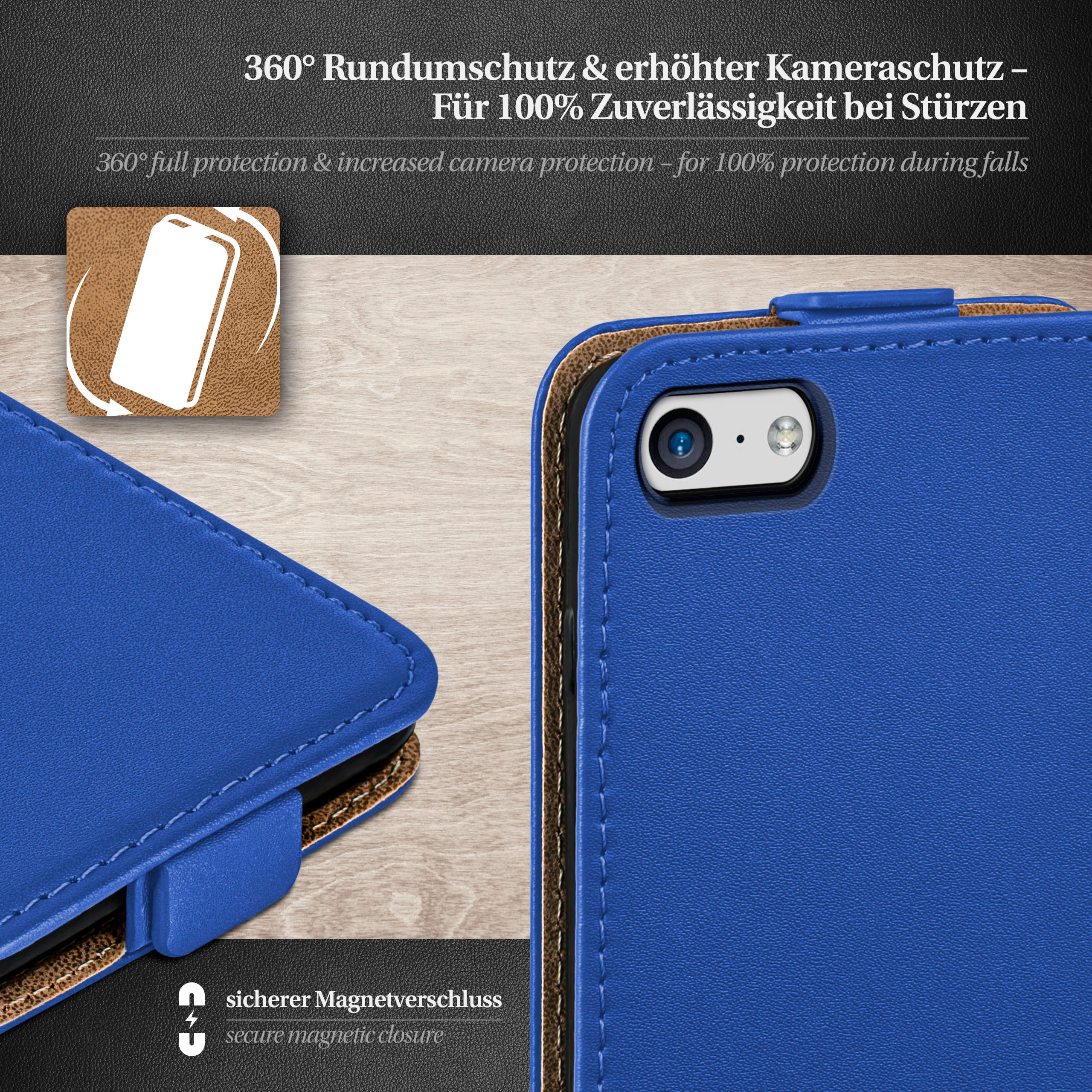 Blaue Handyhülle, offen, mit sichtbarer Telefonkamera. Der Text besagt 360° Schutz und sicherer Magnetverschluss.