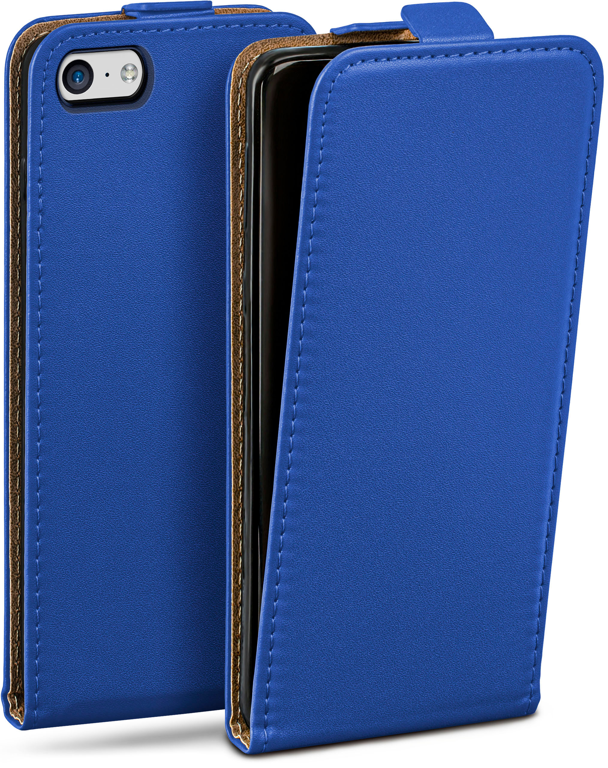Eine blaue Handyhülle mit einem Telefon darin. Die Hülle öffnet sich zur Seite und ist aus Leder.