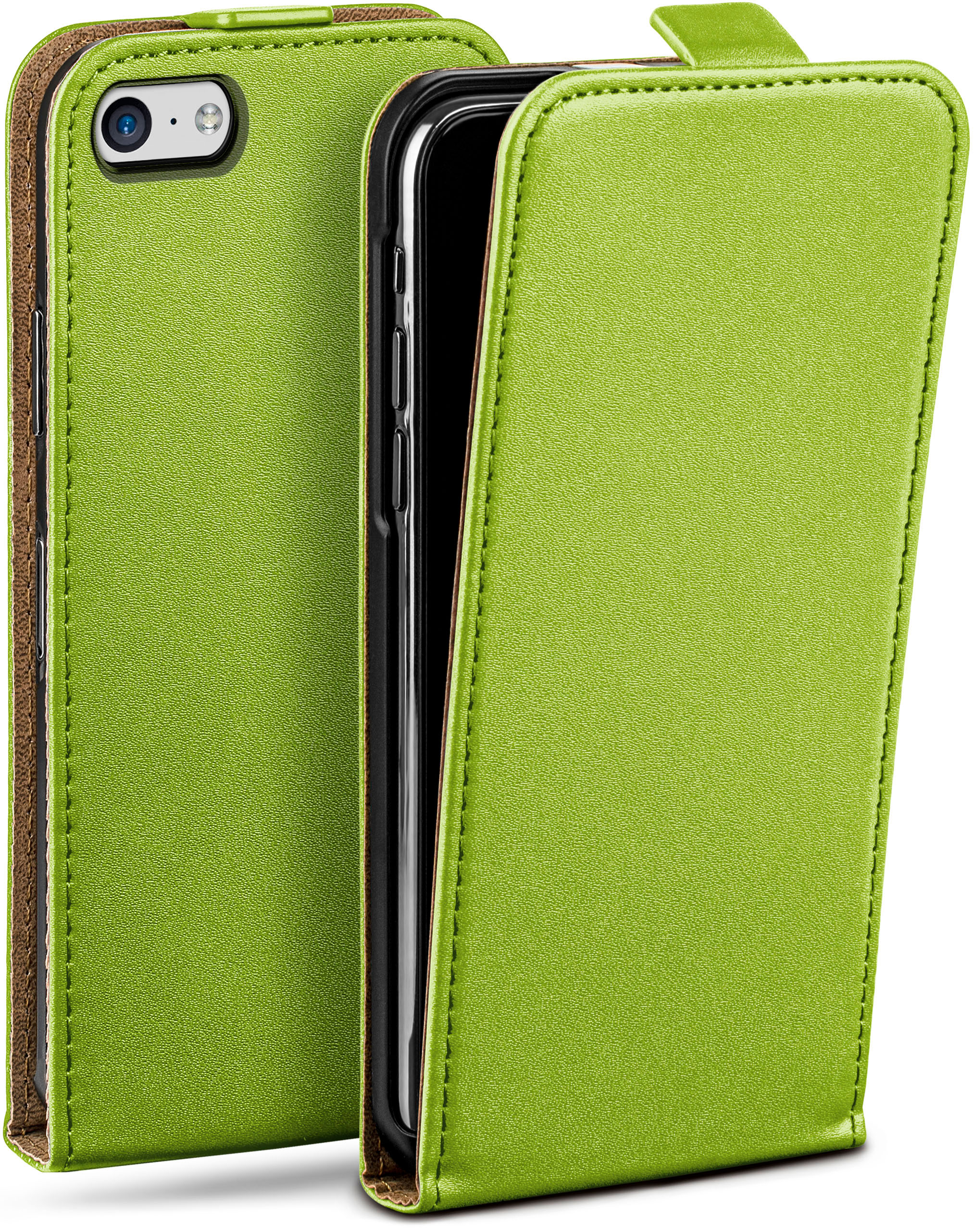 Grüne Handyhülle mit einem Telefon darin. Die Hülle ist offen und zeigt das Telefon.