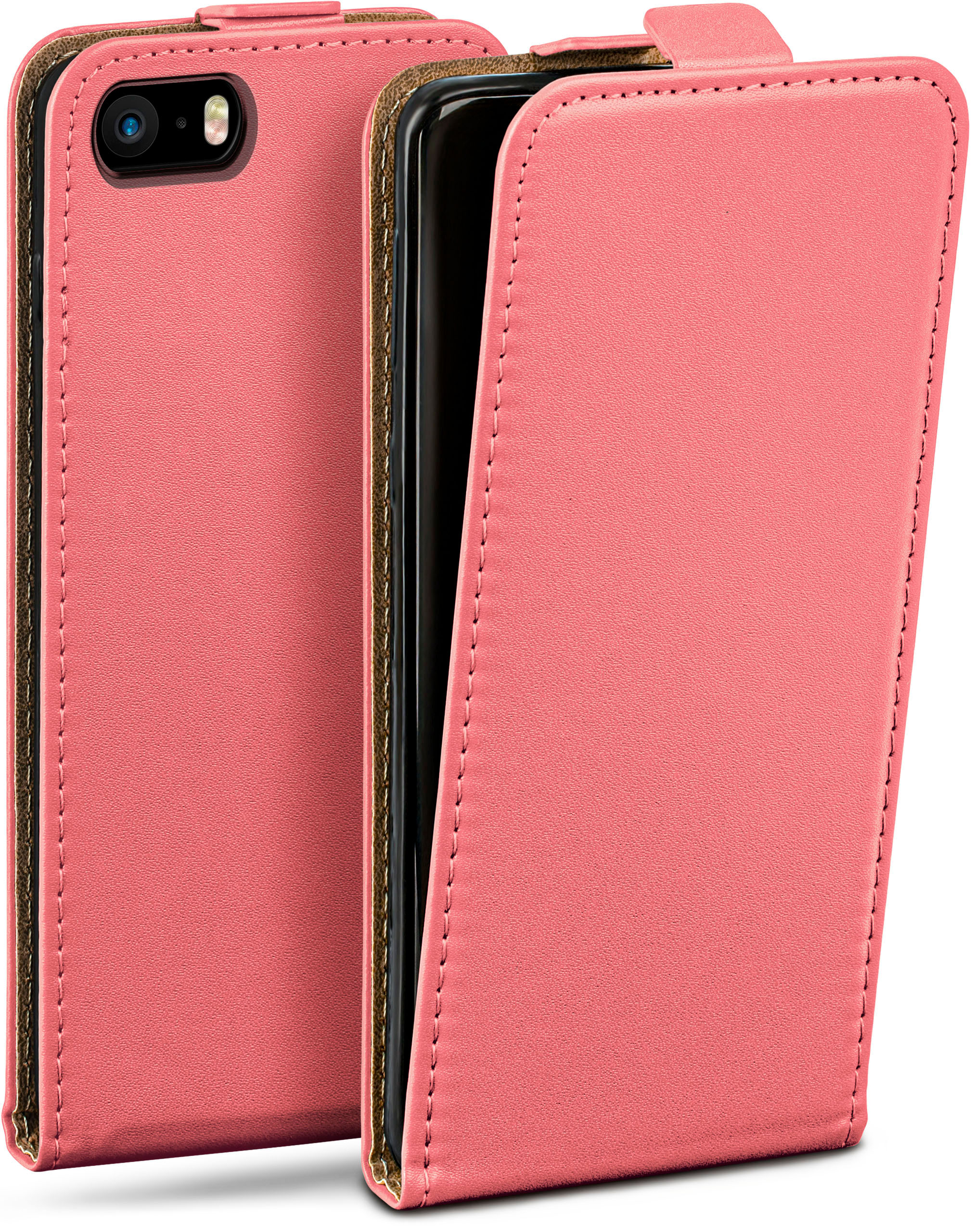 Pinkfarbene Handyhülle, geöffnet, um das Telefon zu zeigen. Brauner Innenraum, weißer Hintergrund.