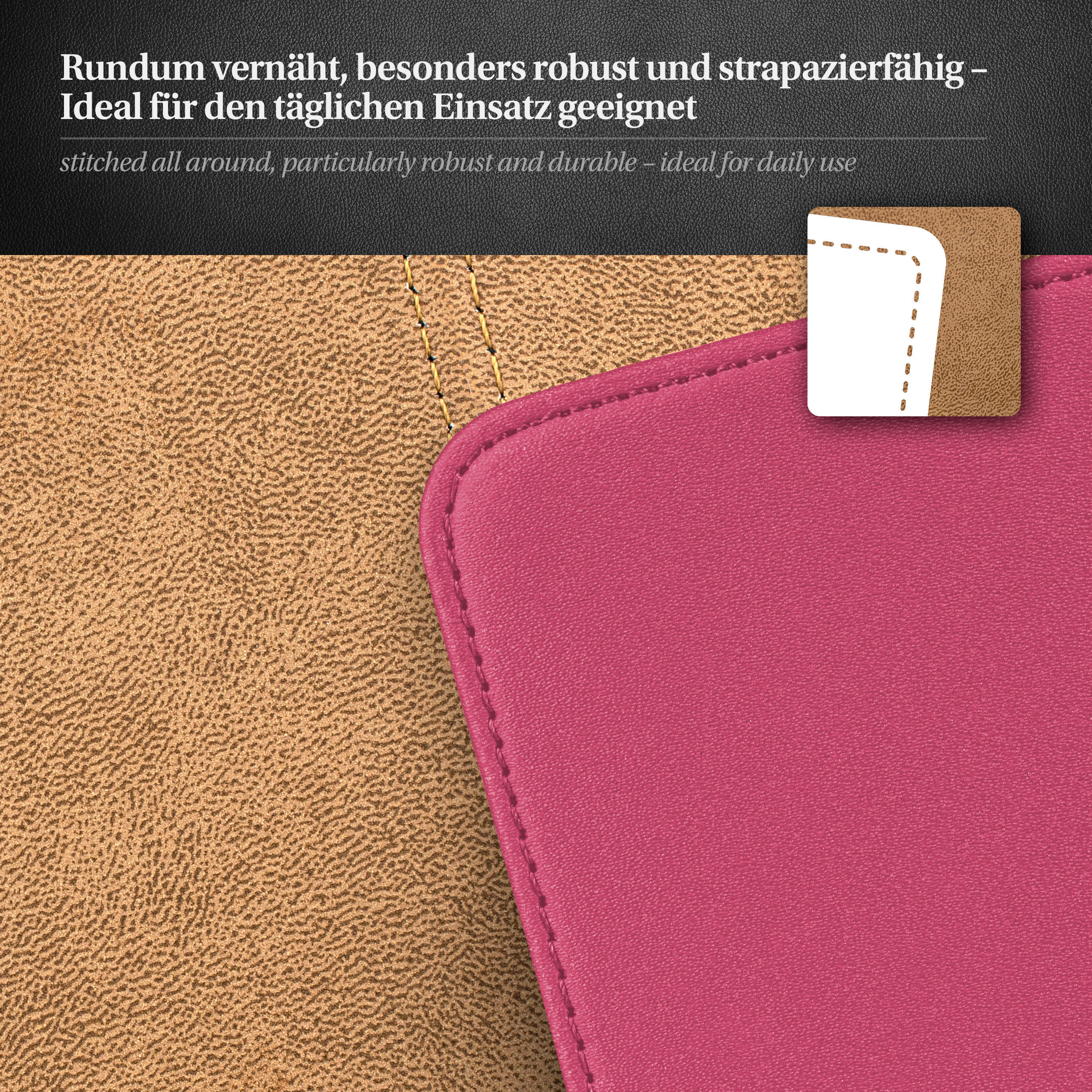 Nahaufnahme von braunem und rosa Leder. Rosa Leder genäht. Kleines Logo in der oberen rechten Ecke.