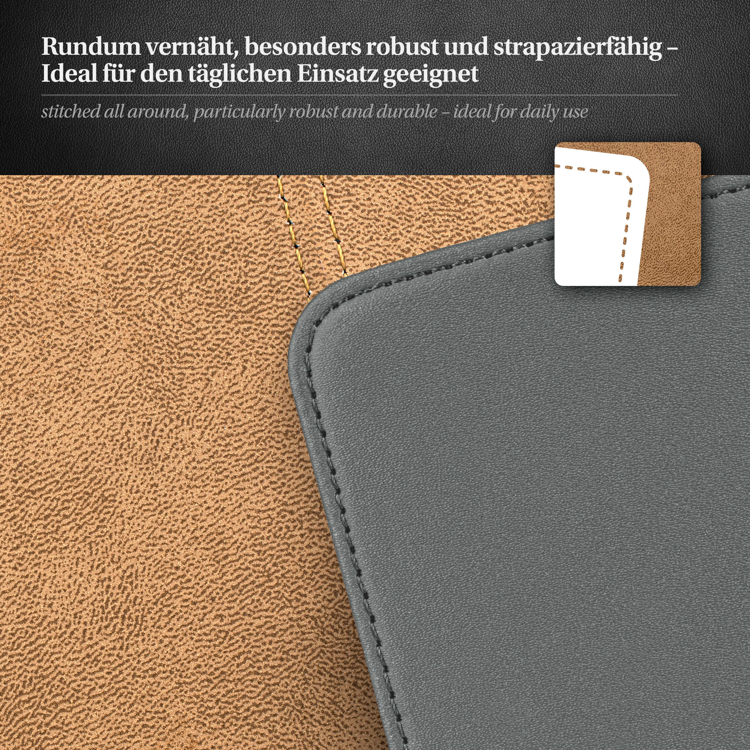 Braune und graue Oberfläche mit Nahtdetails. Der Text sagt: 'rundum vernäht'.