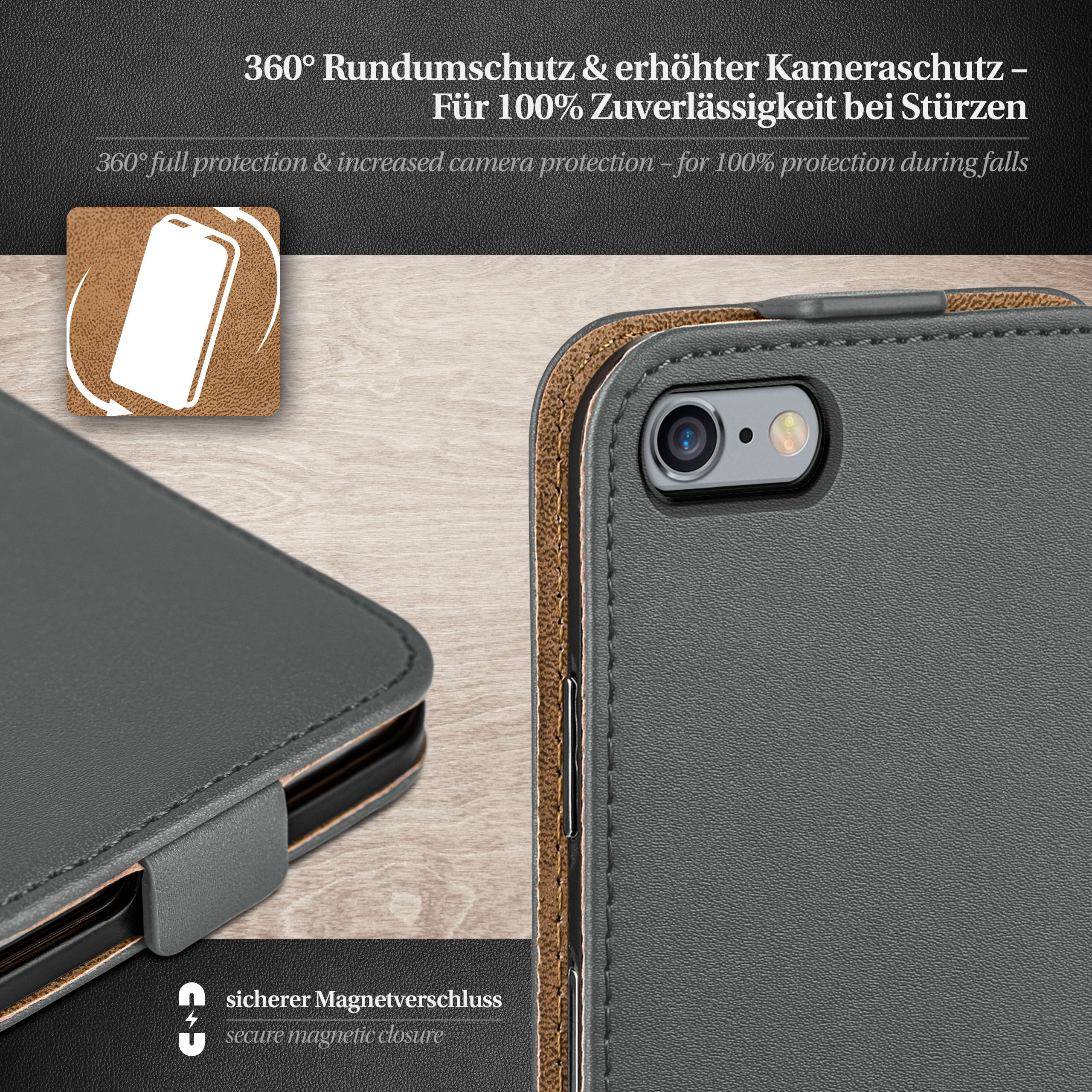 Eine Handyhülle mit einem Telefon darin. Die Hülle ist grau und das Telefon ist auf der rechten Seite zu sehen.