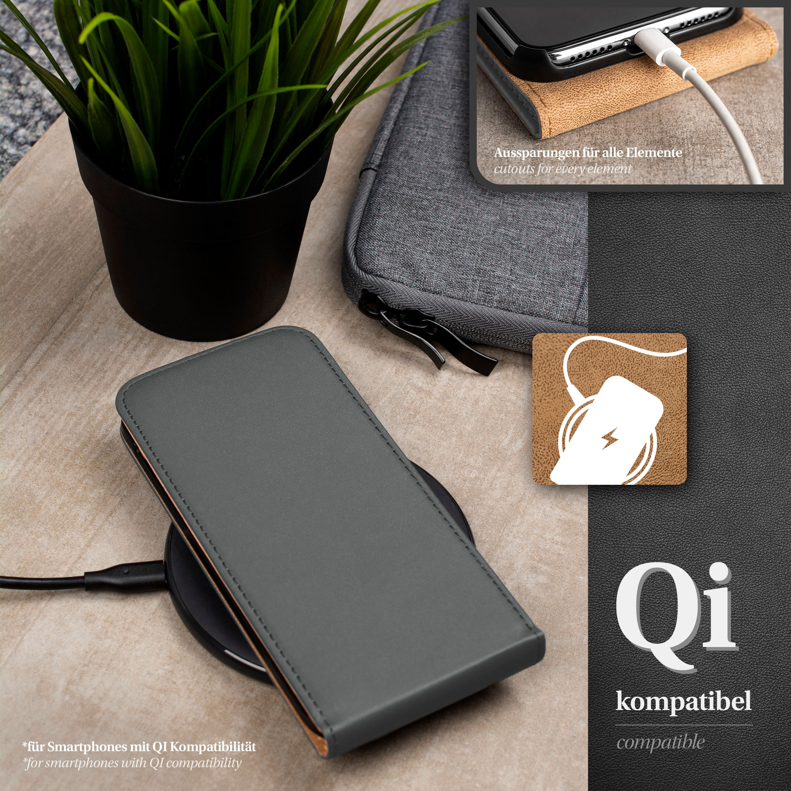 Ein graues Telefoncase wird drahtlos geladen. Ein schwarzes kabelloses Ladegerät und ein schwarzer Topf mit grünen Pflanzen sind sichtbar.