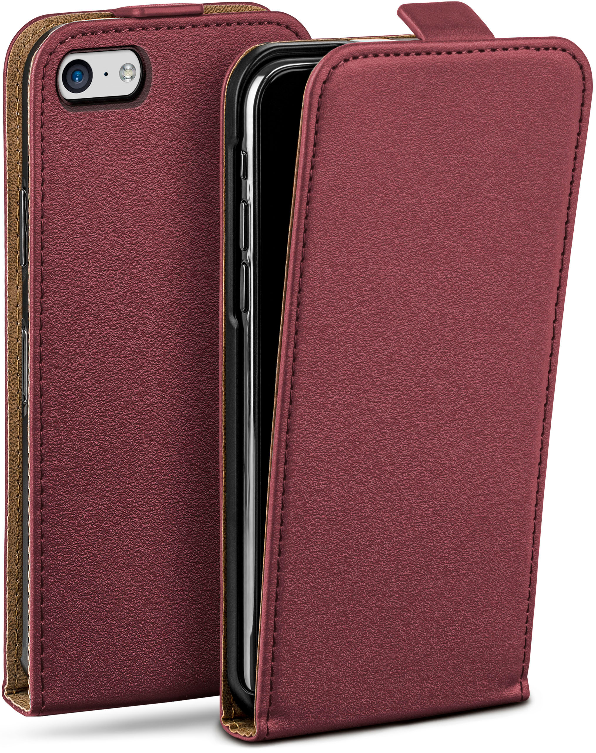Eine rote Handyhülle. Sie ist geöffnet und zeigt das Telefon im Inneren. Die Hülle ist im Brieftaschenstil.