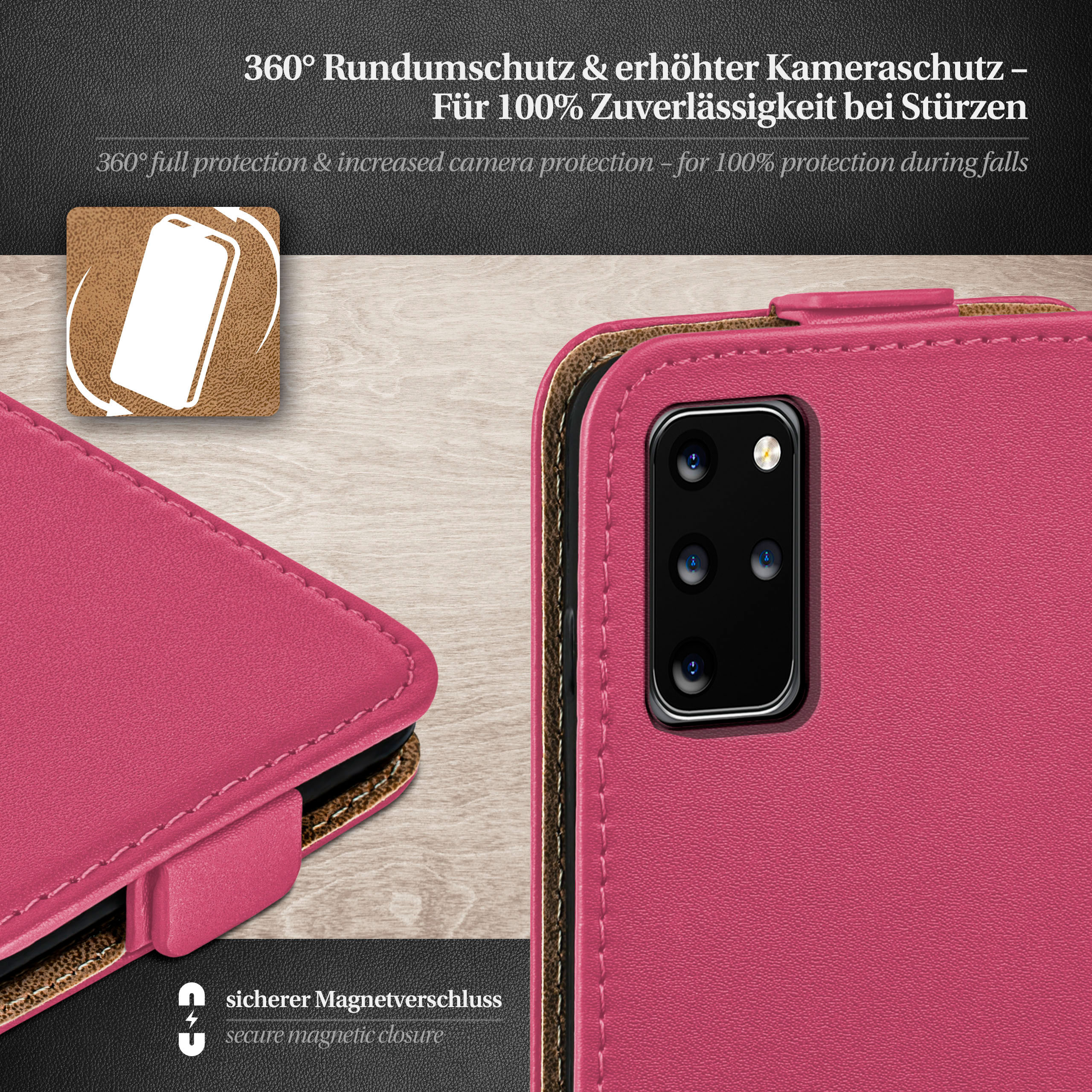 Pinkfarbene Handyhülle mit braunen Akzenten und dem Text "360° Rundumschutz".