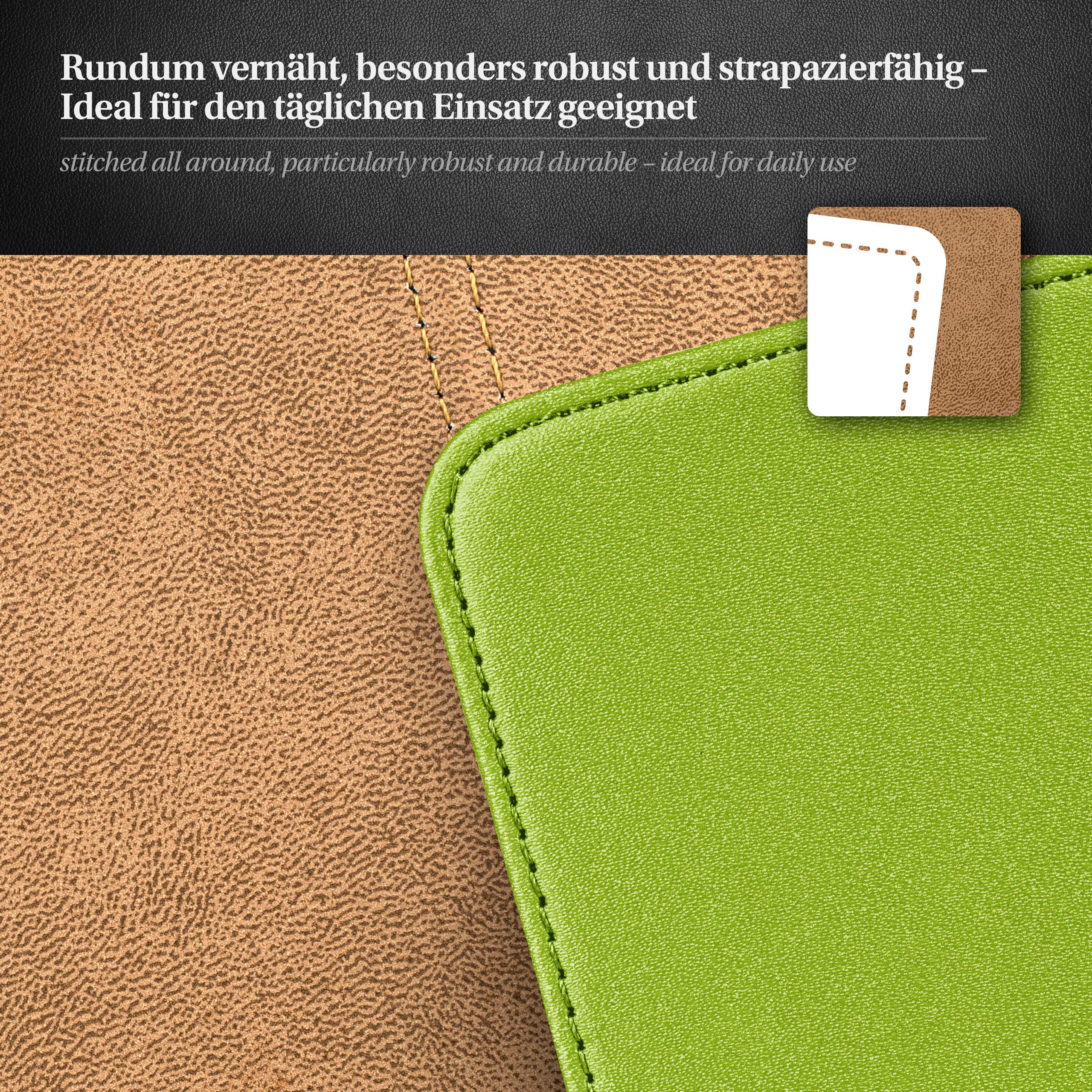 Nahaufnahme von genähtem grünen und braunen Leder. Text: 'Rundum vernäht, besonders robust'.