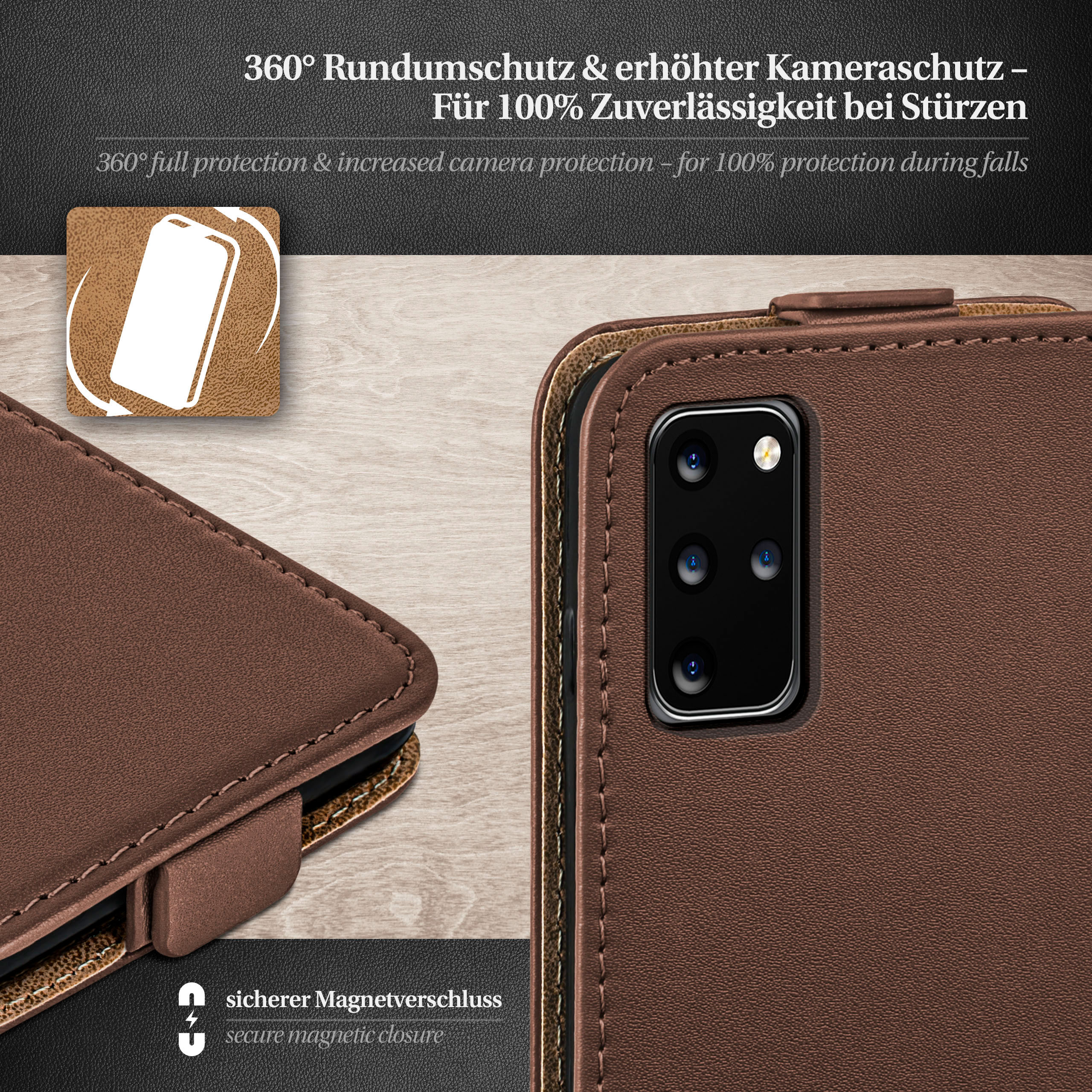 Braune Handyhülle mit Telefon. Telefon hat Kamera und Magnetverschluss.