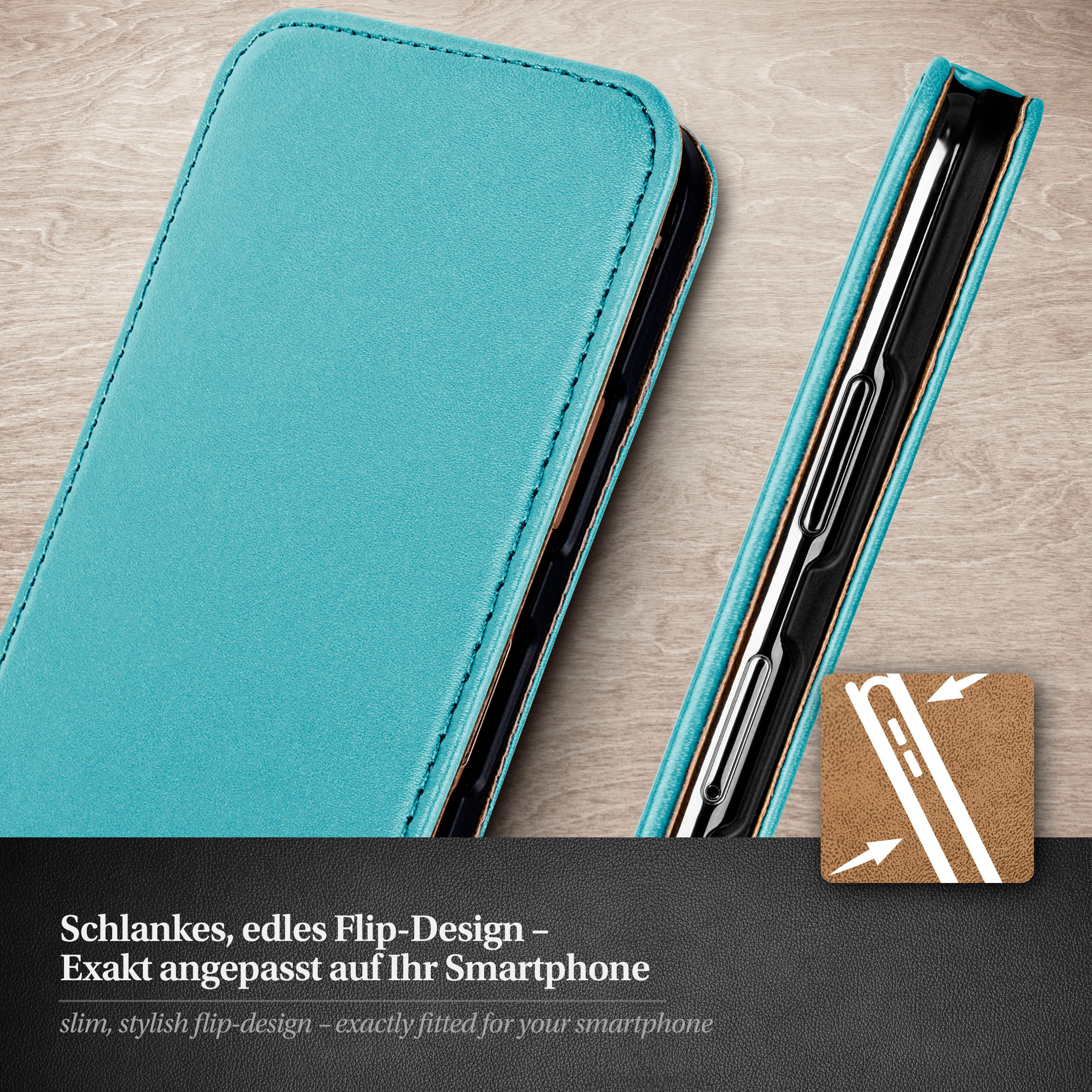 Eine blaue Handyhülle, geöffnet, um ein Telefon zu zeigen. Text darunter: "Schlankes, edles Flip-Design".