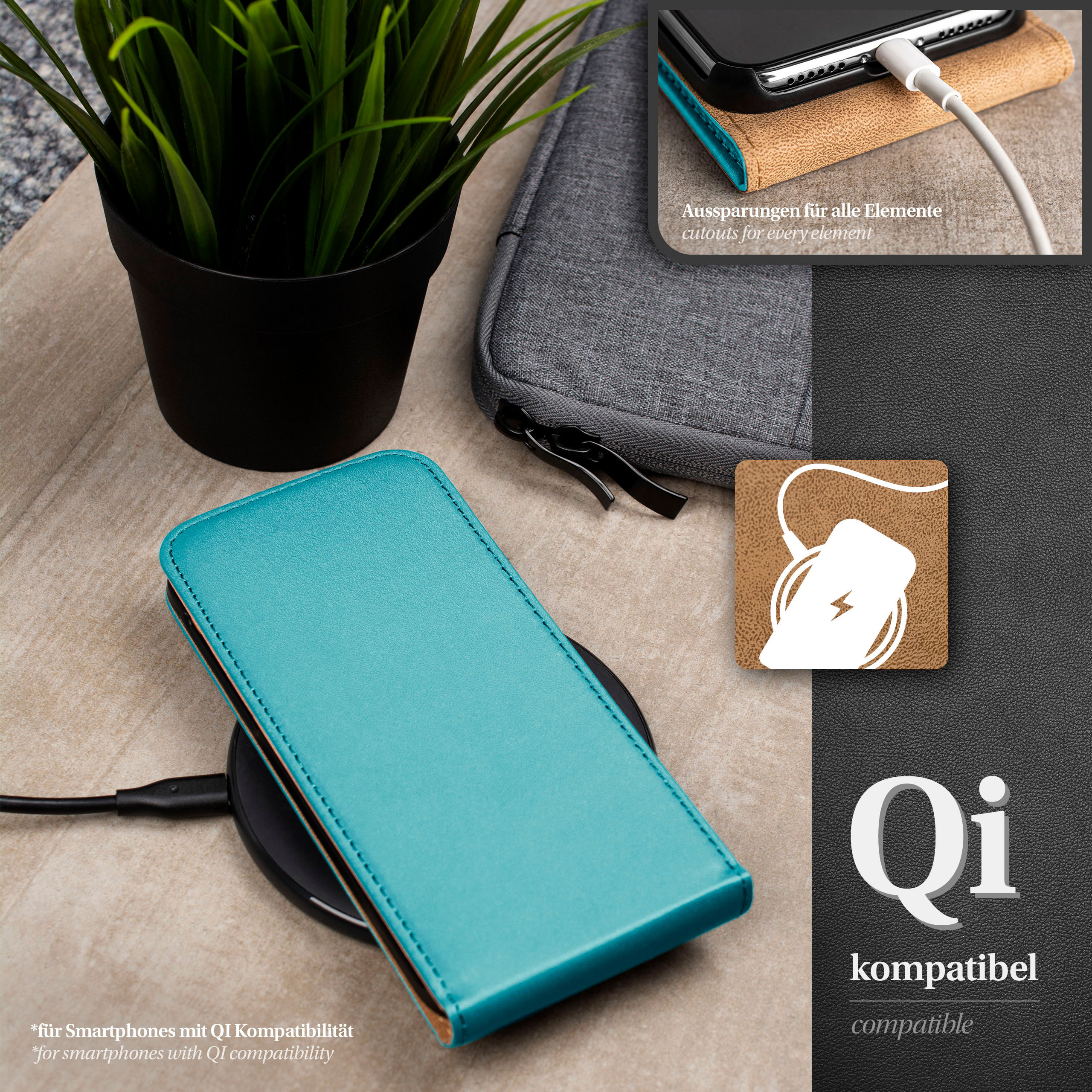Blaue Handyhülle auf kabellosem Ladegerät. Ein Telefon lädt. Schwarz und Weiß. Qi-kompatibel.