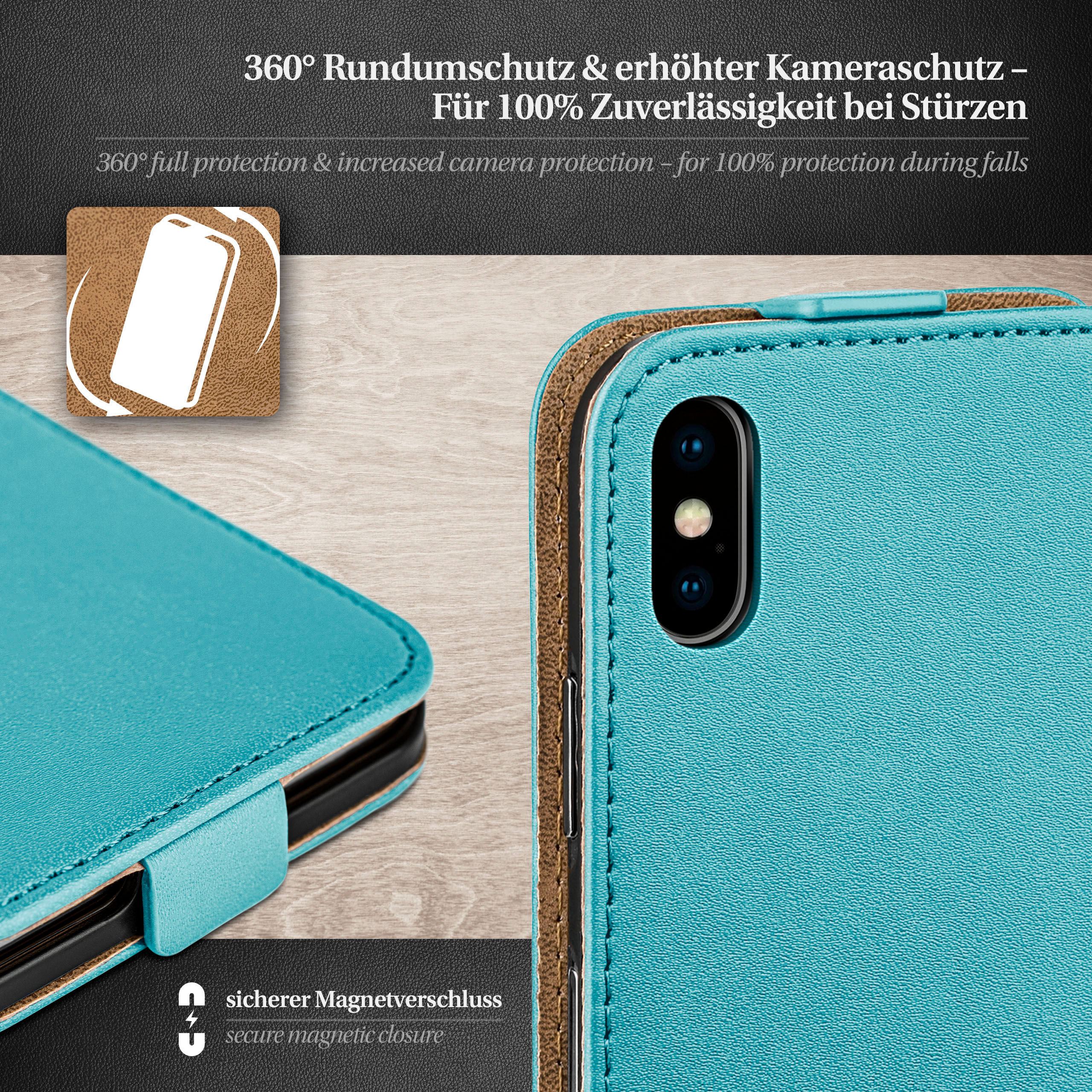 Türkisfarbene Handyhülle mit Telefon darin und Textüberlagerung.