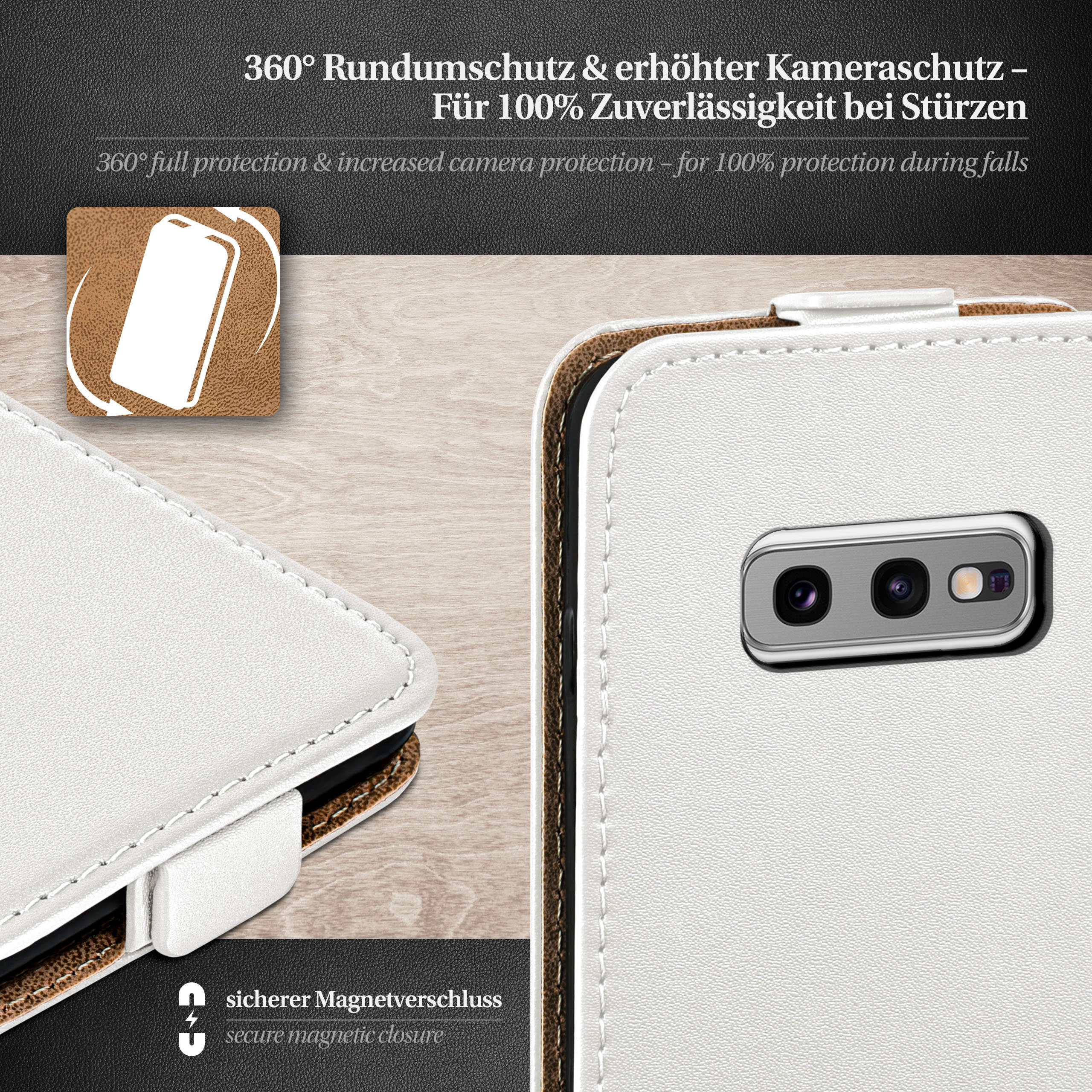 Weiße Handyhülle, offen, zeigt Telefonkamera. Braune Einfassung und Nähte. Weißer Hintergrund.