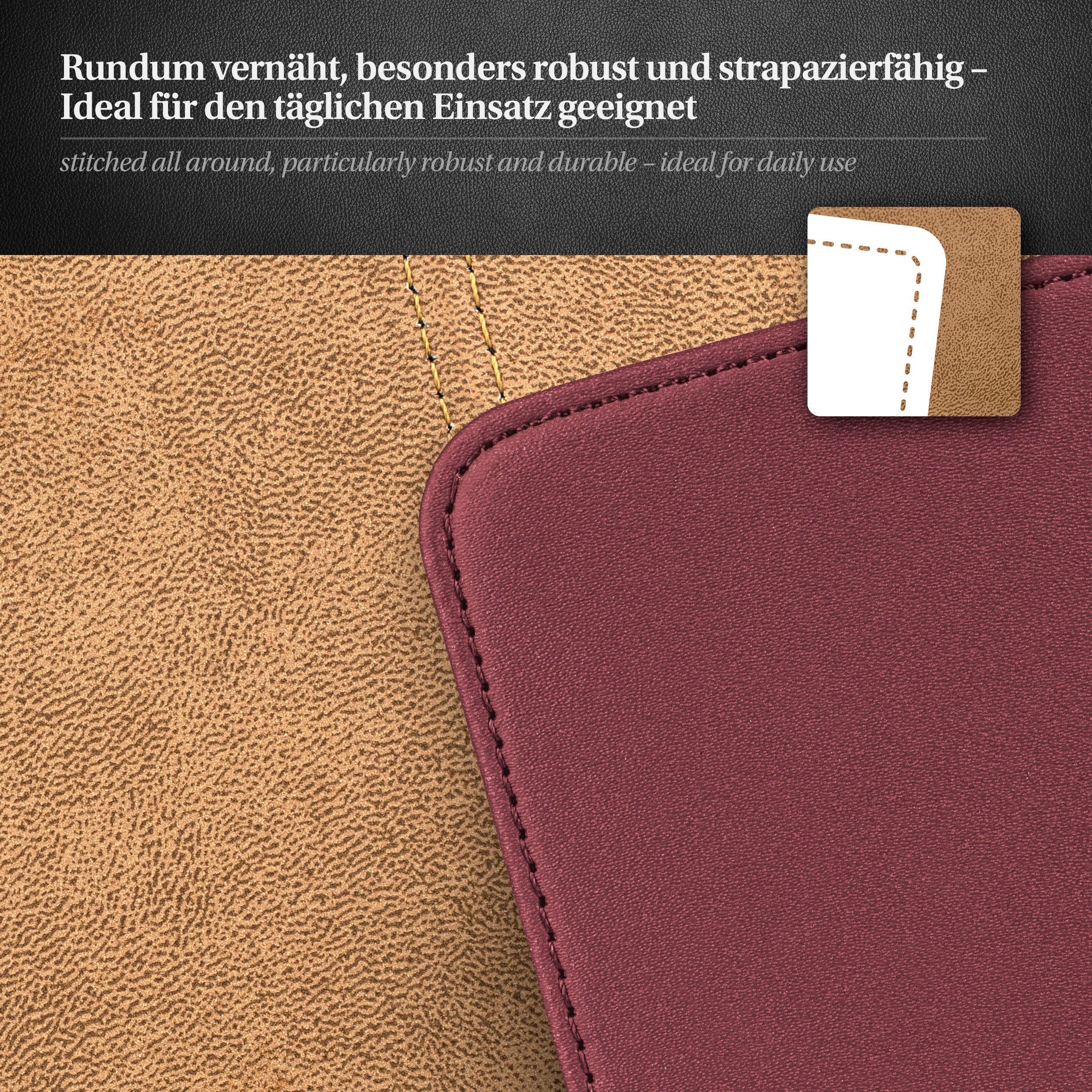 Nahaufnahme von braunem und weinrotem Leder, genähte Kanten. Zeigt Textur und Konstruktionsdetails.