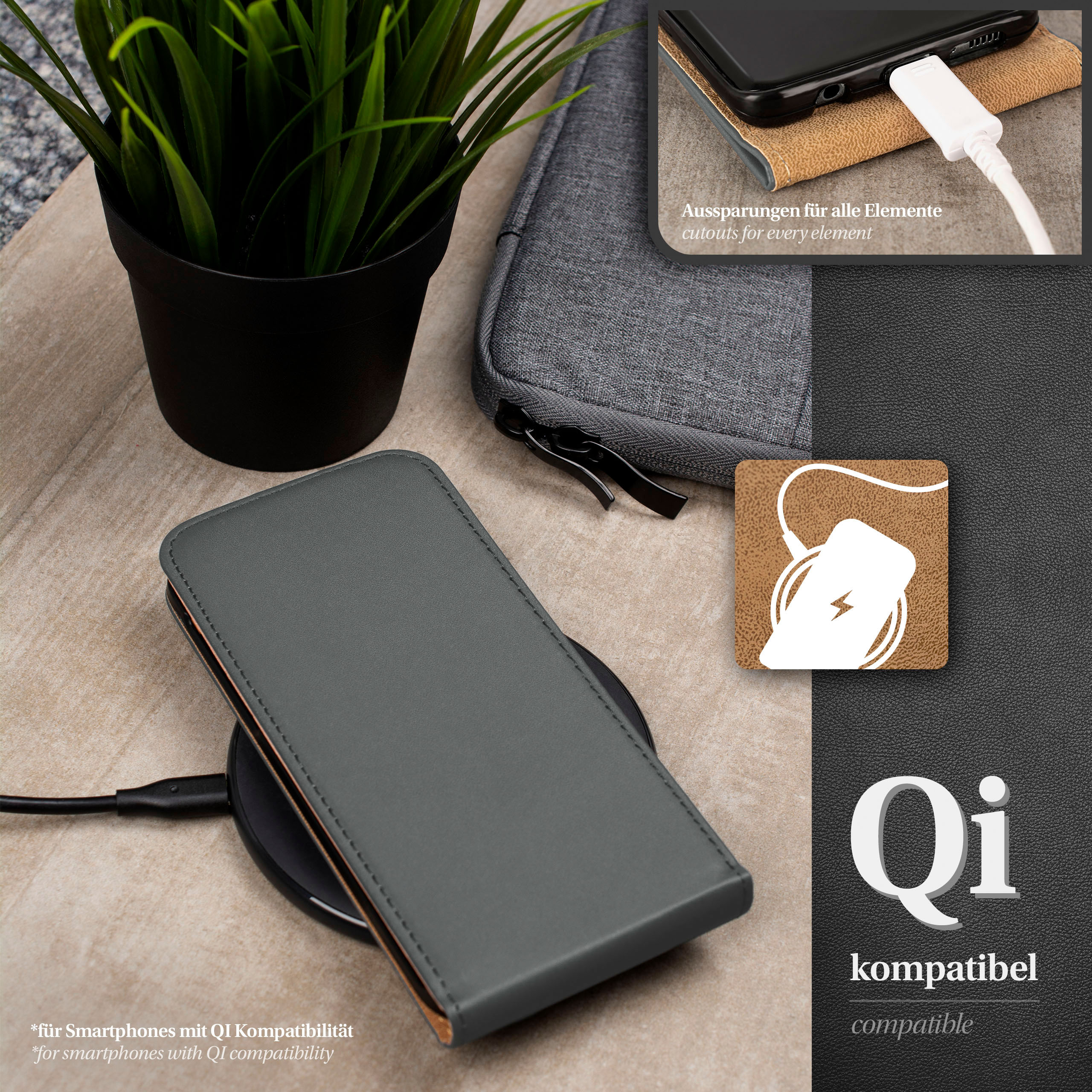 Eine graue Handyhülle auf einem kabellosen Ladegerät. Ein Telefon ist angeschlossen. Pflanze und Qi-Logo.