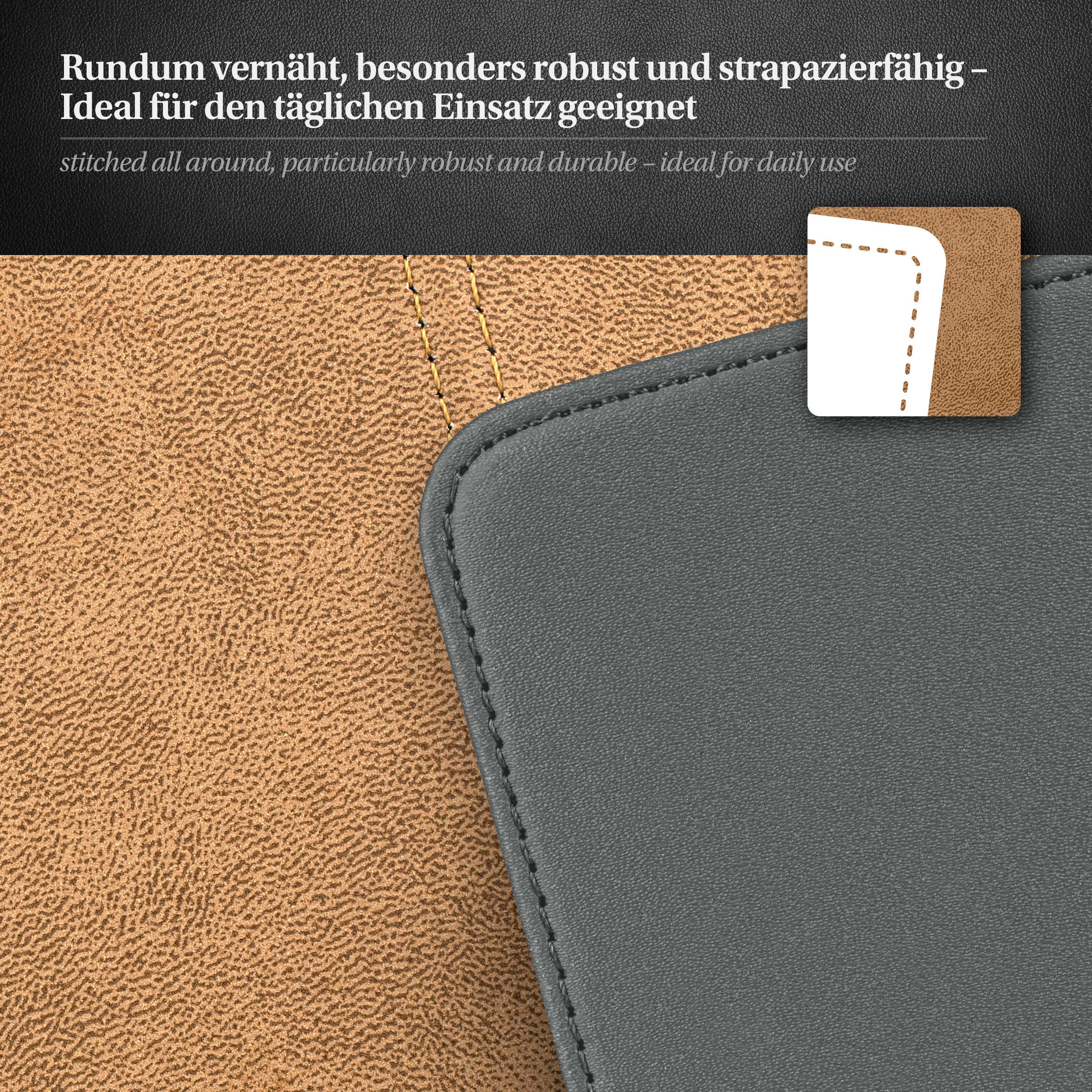 Nahaufnahme von genähtem lederähnlichem Material. Text: Rundum vernäht, robust und strapazierfähig. Ideal für den täglichen Gebrauch.