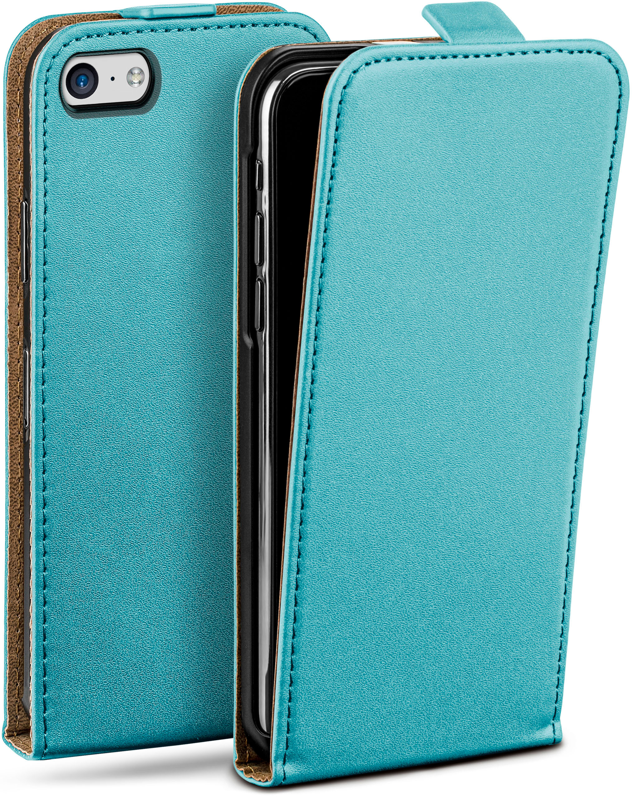 Türkisfarbene Leder-Handyhülle mit Klappe, offen, um das Telefon zu zeigen. Braune Innenseite, weiße Nähte.