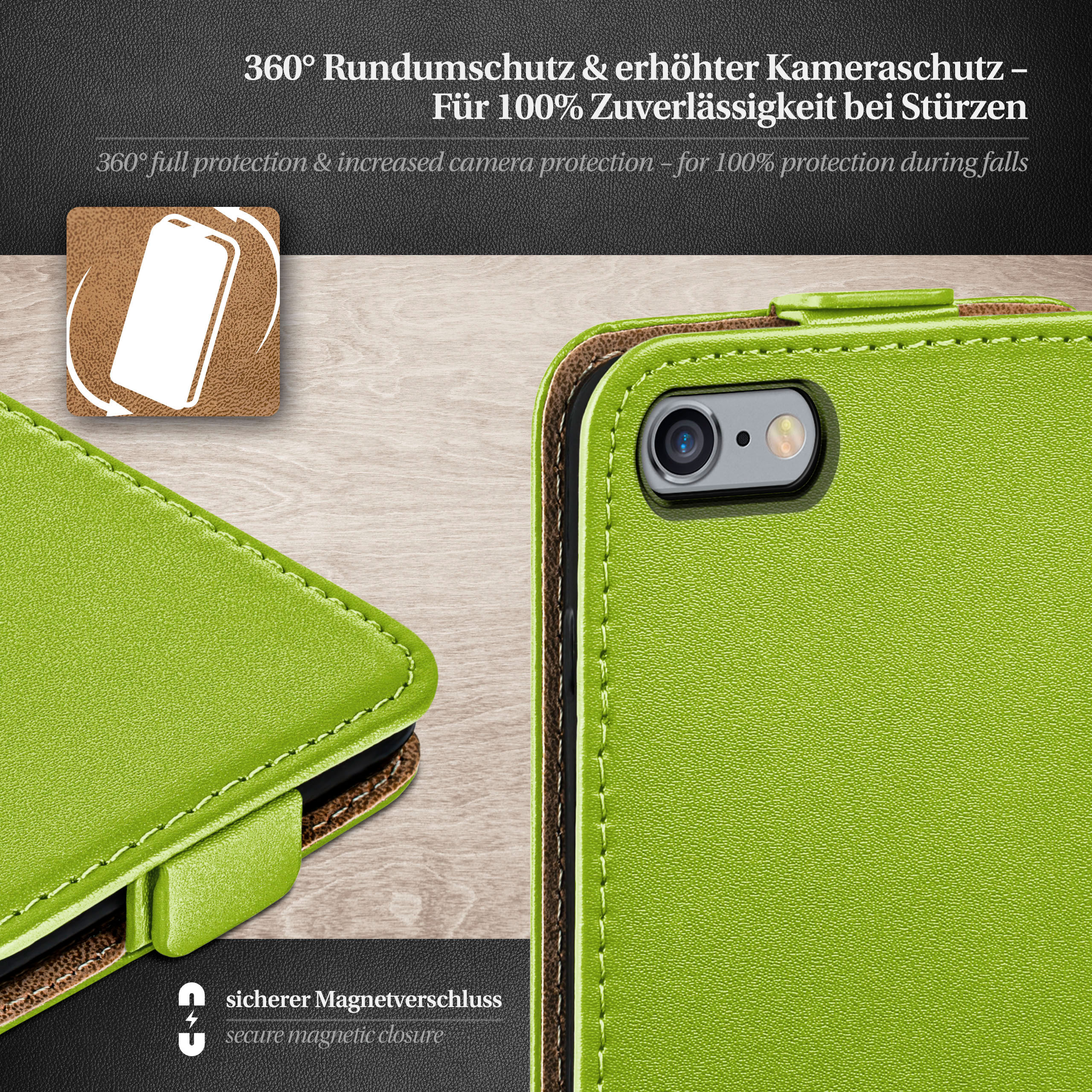 Grüne Handyhülle mit offener Klappe. Es liegt neben einem Telefon mit Kamera und braunem Inneren.