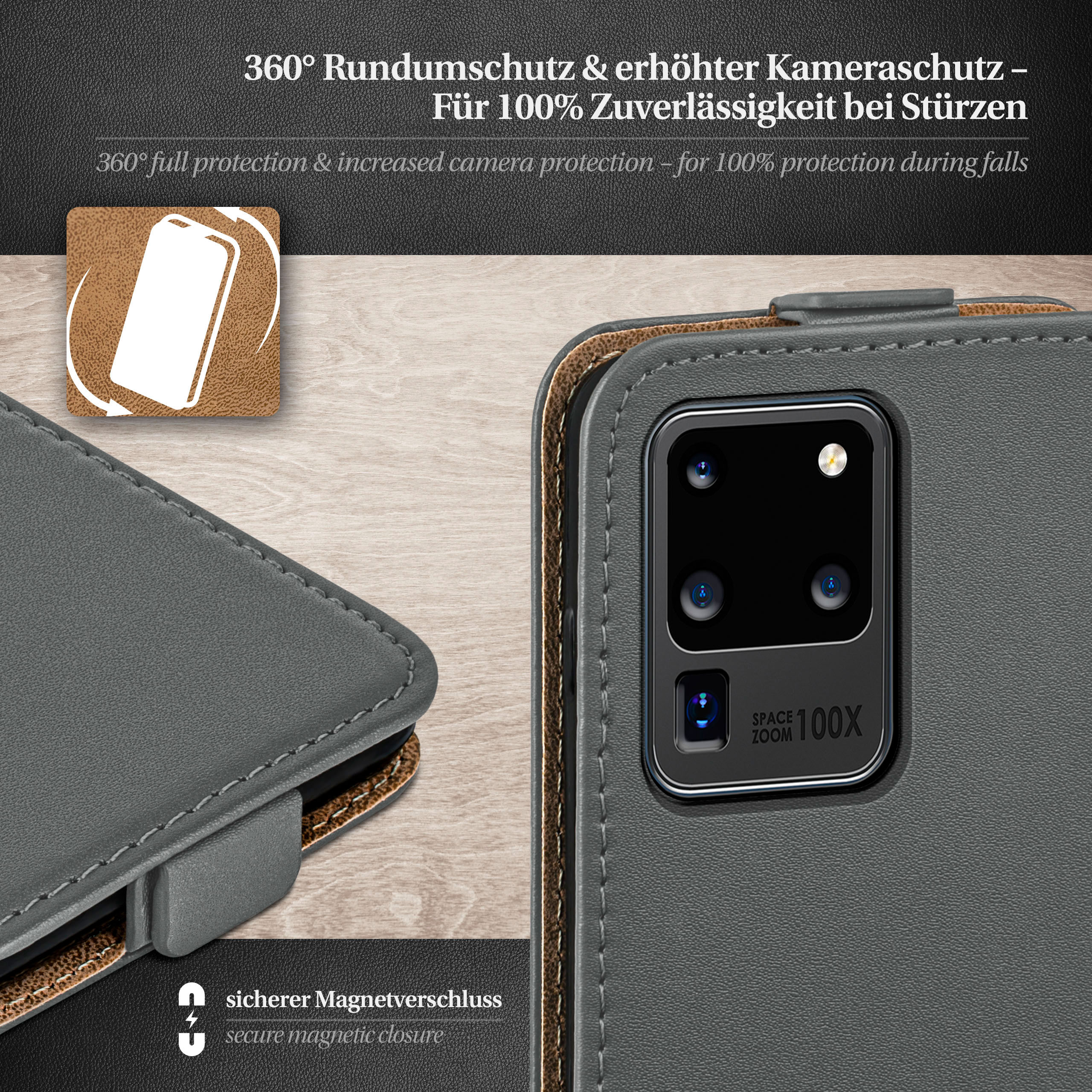 Graue Handyhülle offen, Telefonkamera zeigend. Text: 360° Rundumschutz & Kameraschutz.