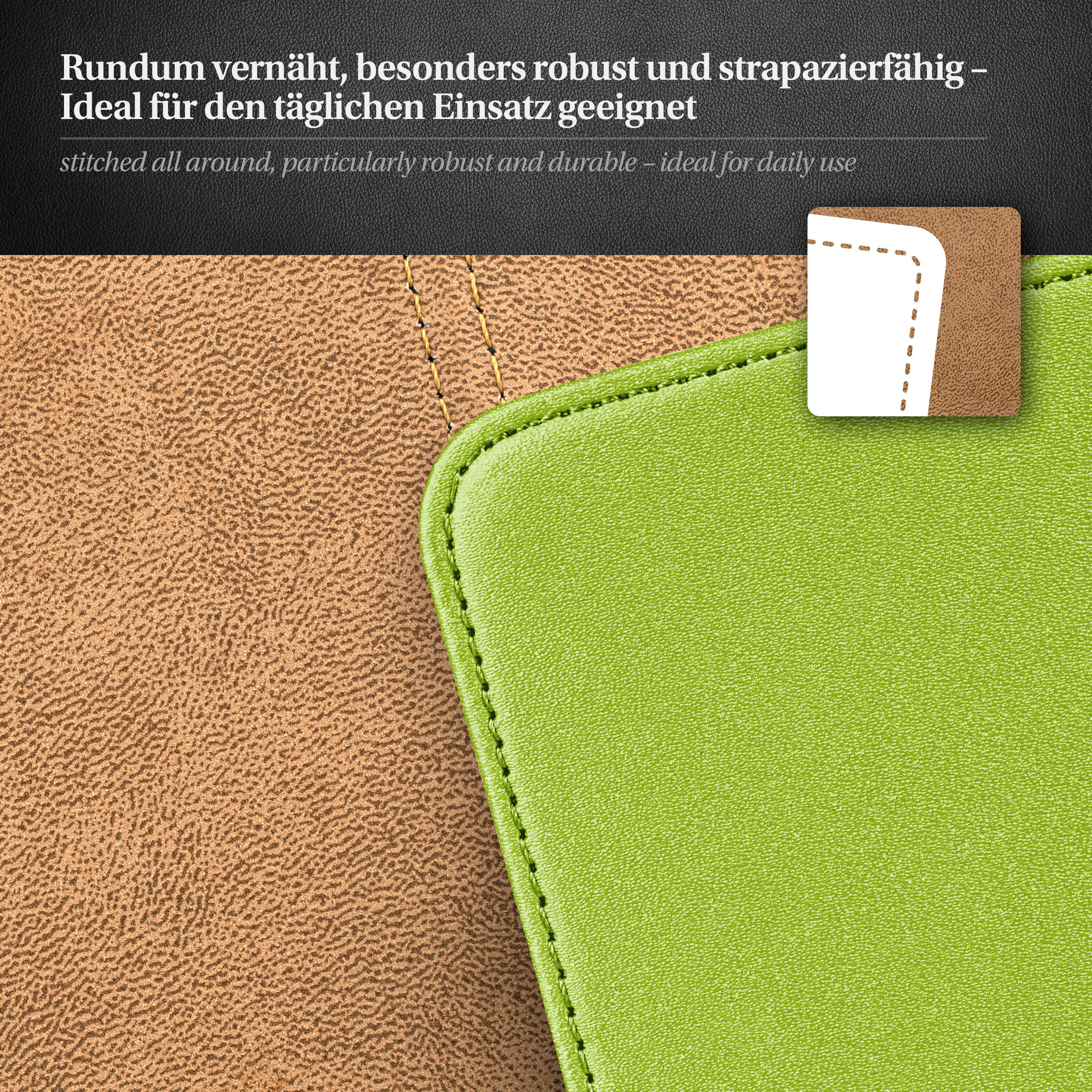 Nahaufnahme einer braunen und grünen Handyhülle. Die Hülle ist mit weißem Faden genäht.