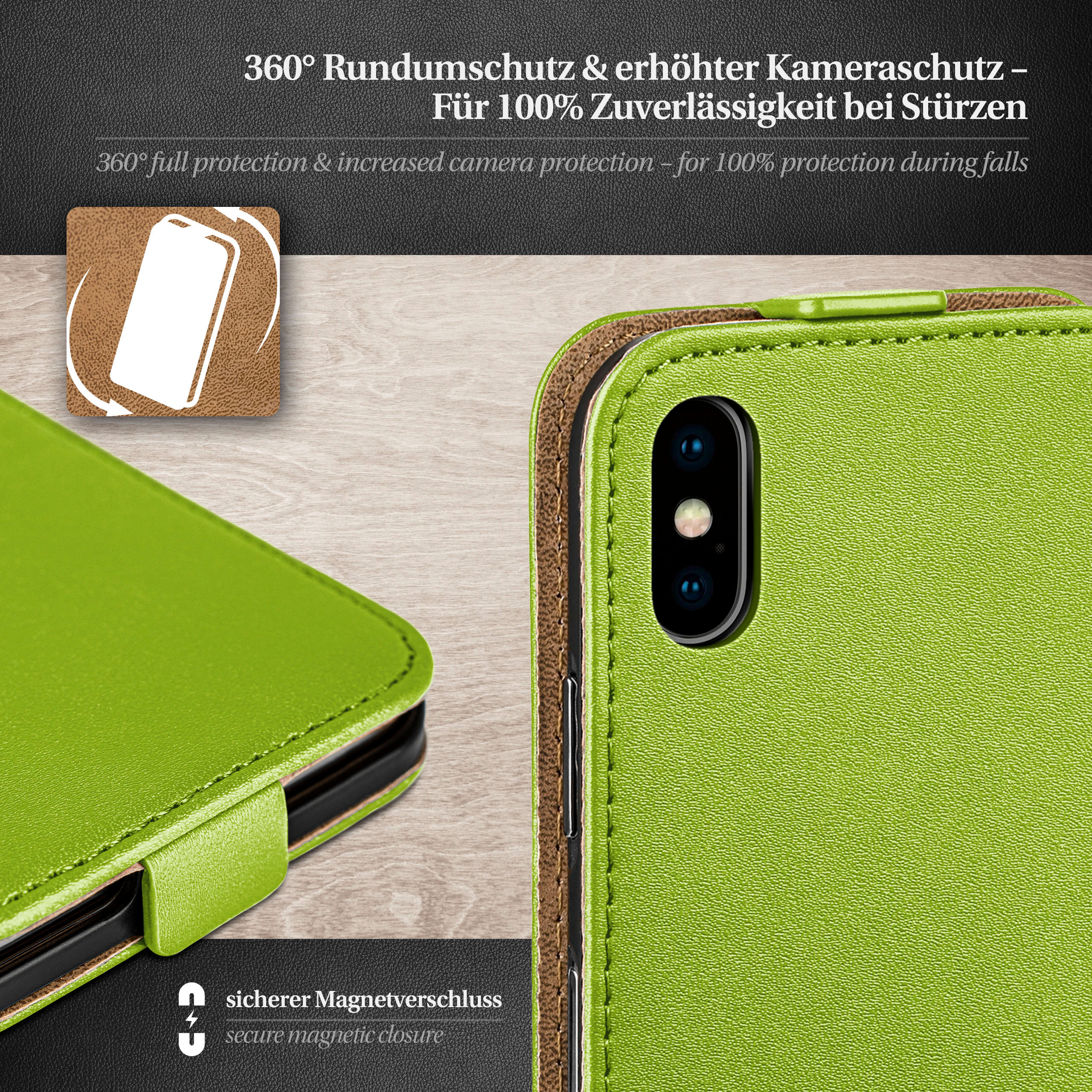 Grüne Handyhülle offen. Telefon ist drin. Holz-Hintergrund. Sicherer Magnetverschluss.
