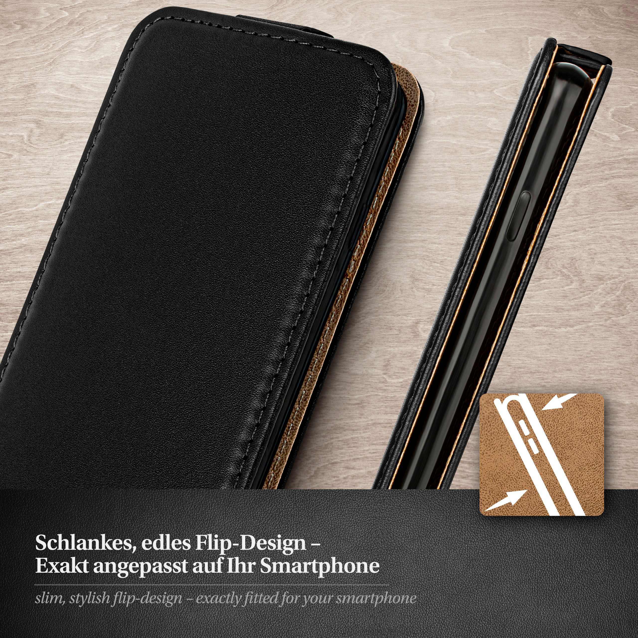 Eine schwarze Leder-Handyhülle mit einem Telefon darin. Der Text lautet 'schlankes Flip-Design'.
