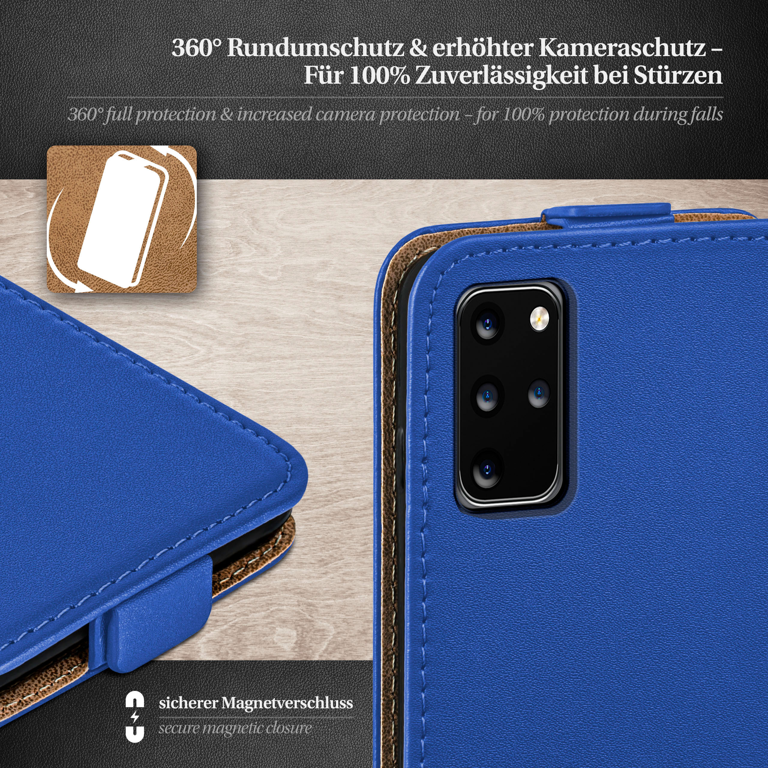 Blaue Handyhülle mit Telefon, Nahaufnahme. Brauner und weißer Hintergrund.